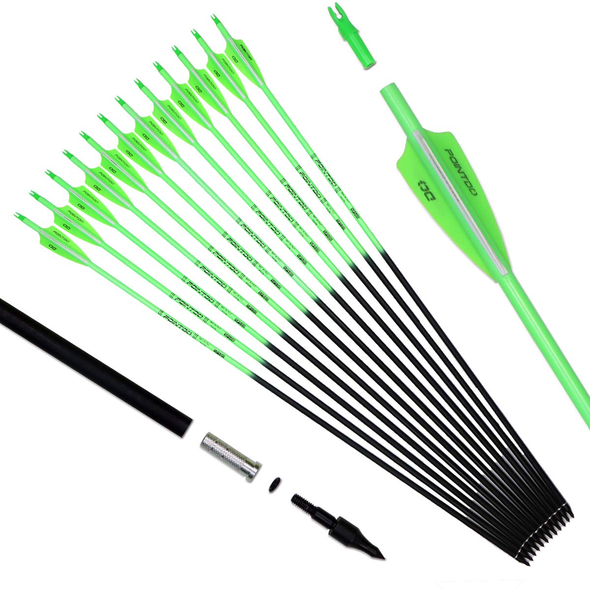 30inch Carbon Arrow Fluorescence Color Targeting and Practice and Hunting Arrows for Compound Bow and Recurve Bow with Removable Tips(Pack of 12)