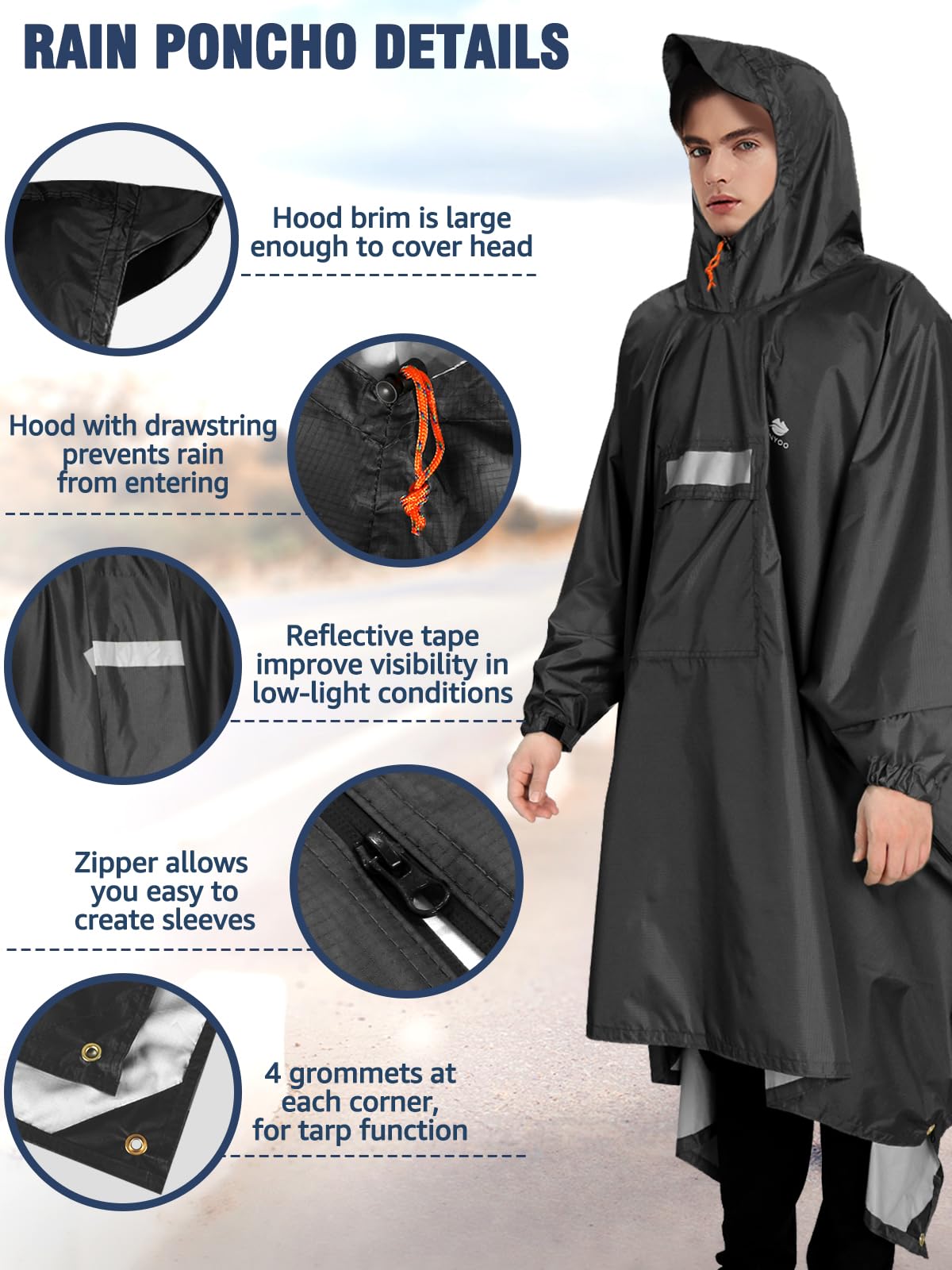 ANYOO Hooded Rain Poncho for Adults Waterproof Lightweight Rain Coat for Men Women Reusable Rain Jacket for Emergency Outdoor
