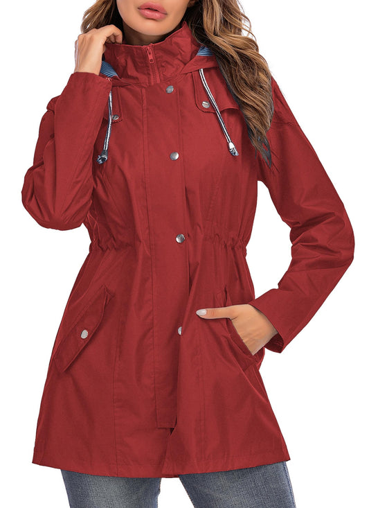 Rain Jacket Women Striped Lined Hooded Lightweight Raincoat Outdoor Waterproof Windbreaker