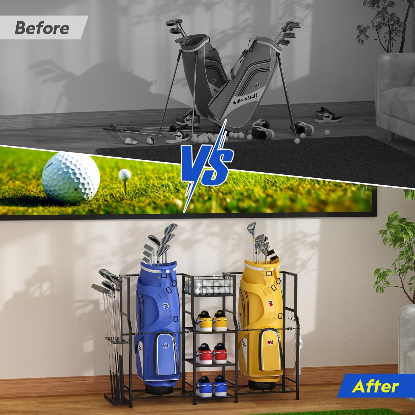 samstar Golf Storage Garage Organizer, Golf Bag Storage Stand 2 Golf Bags and Equipment Accessories, Storage Rack for Home, Garage, Golf Clubs