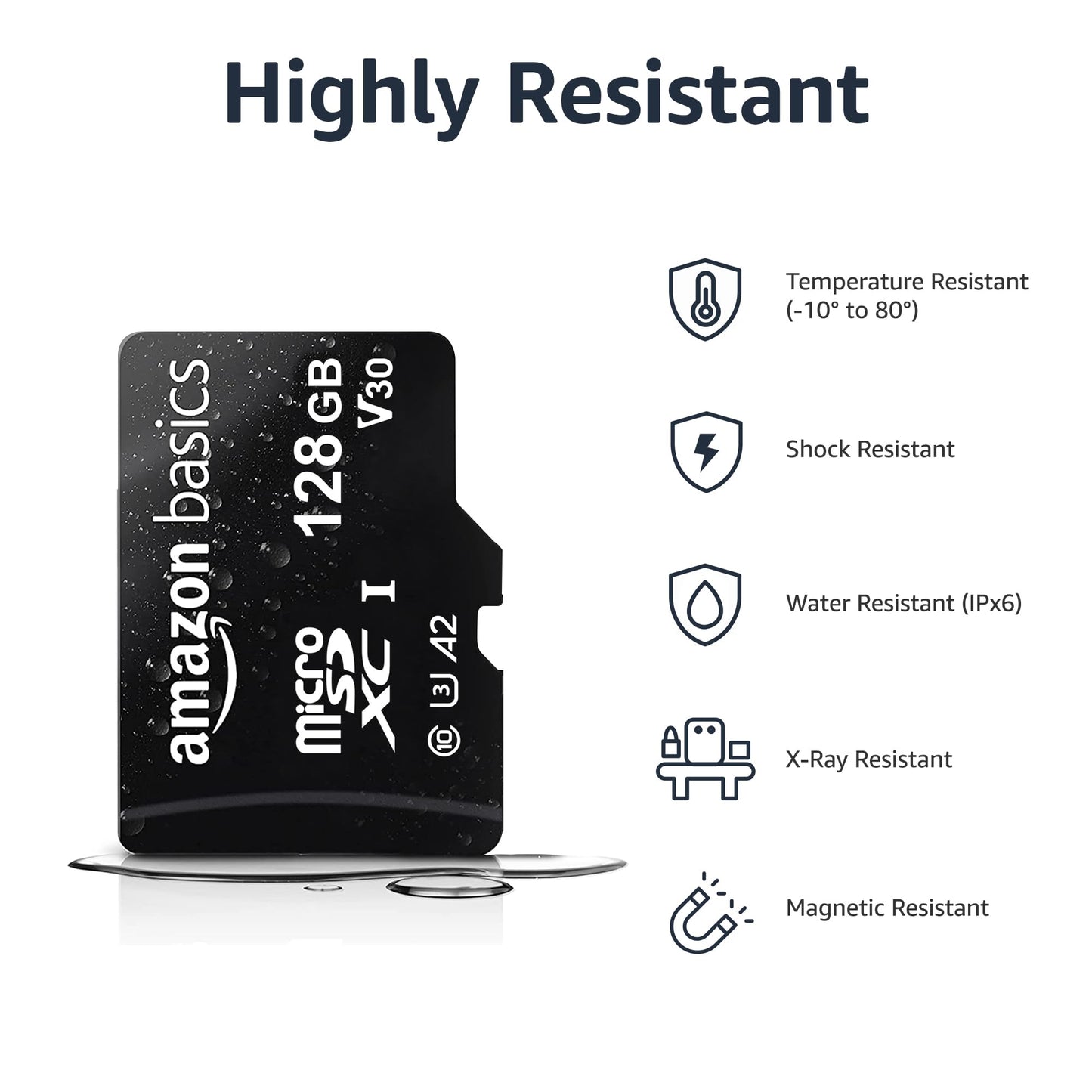Amazon Basics microSDXC Memory Card with Full Size Adapter, A2, U3, Read Speed up to 100 MB/s, 128GB, Black