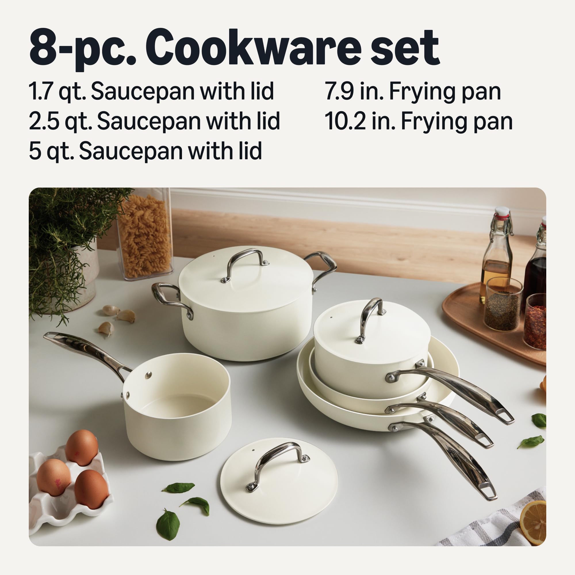 Amazon Basics Ceramic Nonstick Cookware, 8-Piece Set of Pots and