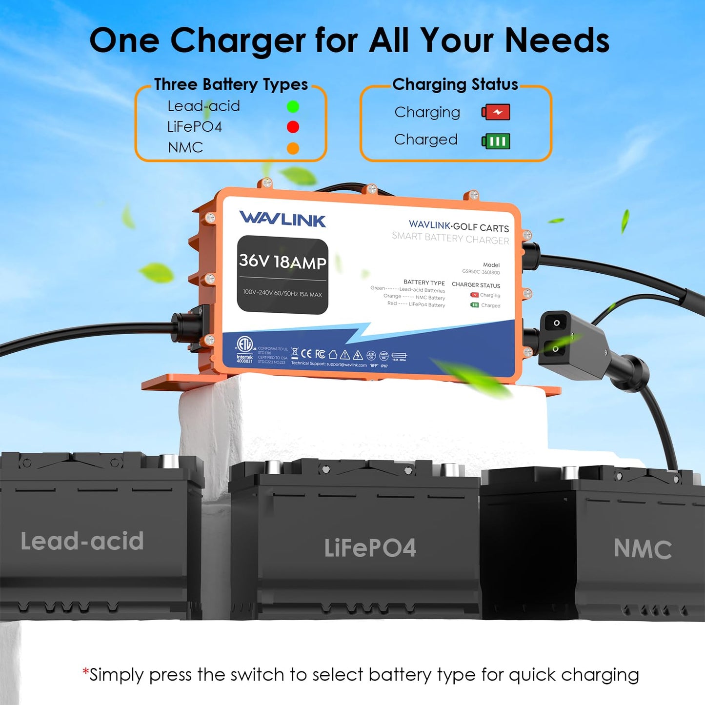 WAVLINK Golf Cart Battery Charger, 36V 18AMP, 738W Output, IP67 Waterproof, LiFePO4/NMC/Lead-Acid Compatible (D Plug for TXT/EZGO)