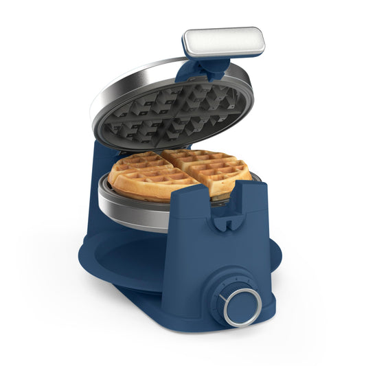 Martha Stewart Rotating Waffle Maker, 180° Flip Iron with PFAS-Free Nonstick Plates, Adjustable Timer, Ready Light, Drip Tray, Space Saving, Classic Round 7”, Easy to Clean, Stainless Steel, Sky Blue
