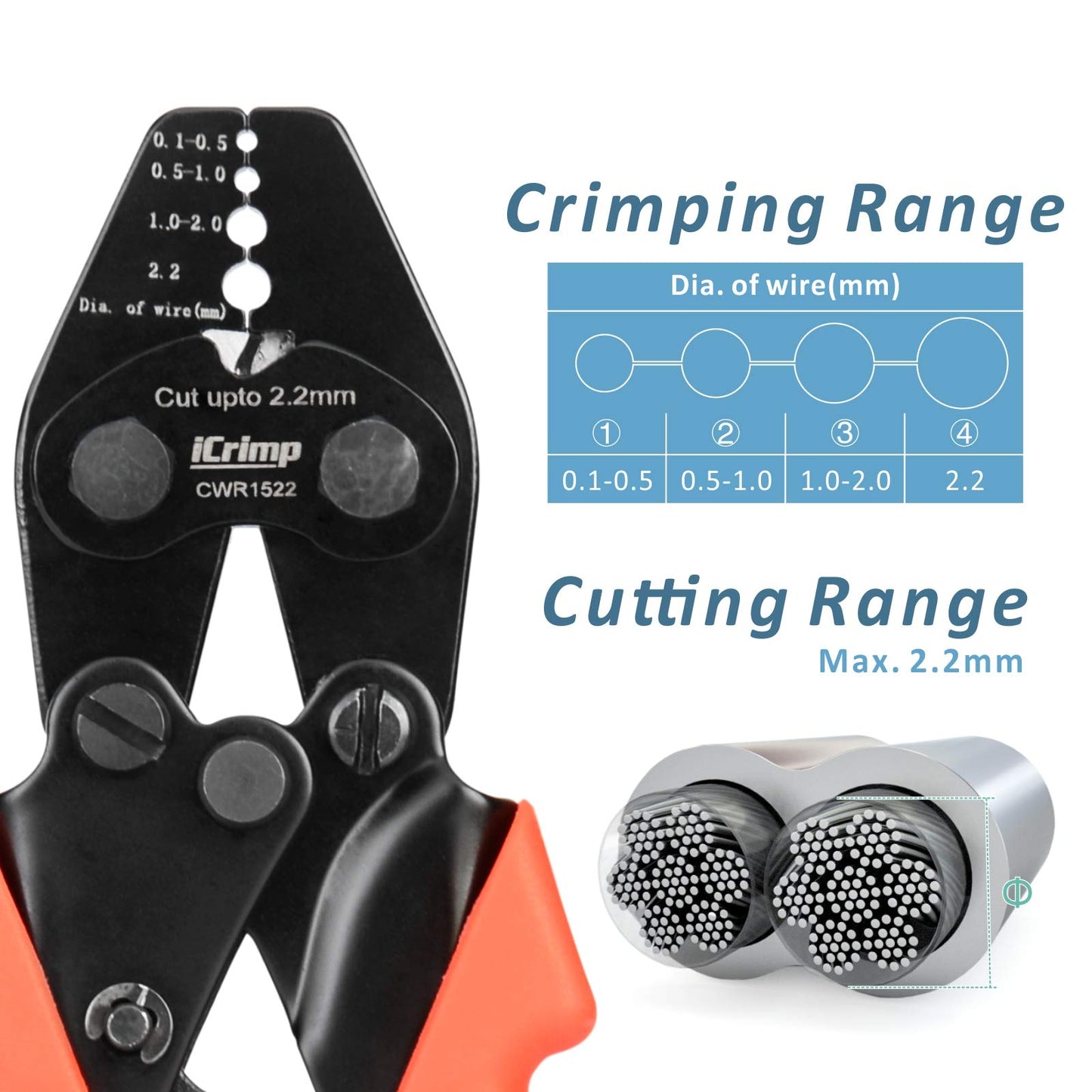 iCrimp CWR1522 Wire Rope Crimping Tool with Cutting function for Cable Railing, Hand Swaging 0.1~2.2mm Aluminum Oval Sleeves,Alloy Double Sleeves (CWR1522)