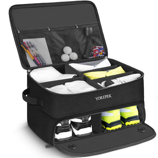 YOREPEK 2 Layer Golf Trunk Organizer, Golf Gifts for Men with Separate Ventilated Compartment for 2 Pair Shoes, Waterproof Car Trunk Locker for Balls, Tees, Clothes, Gloves, Accessories, Golfer gifts