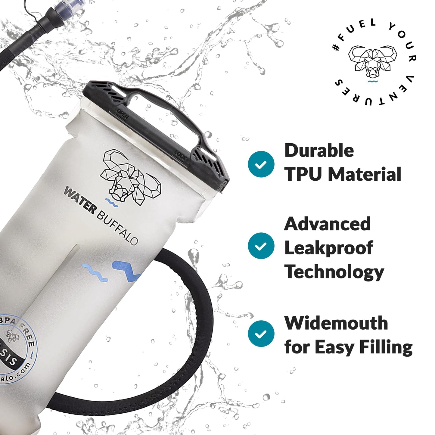 Water Buffalo Oasis Hydration Bladder – 3L Water Bladder for Hiking Backpack, Leakproof Design with Insulated Hose & High-Flow Bite Valve