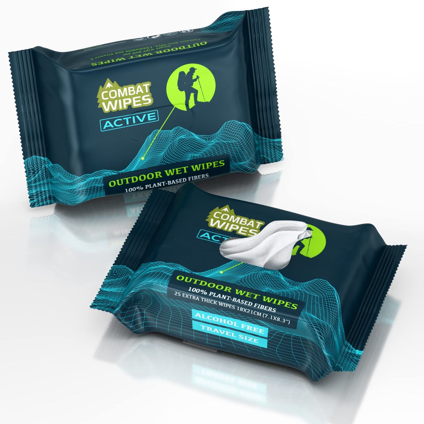 Combat Wipes ACTIVE Outdoor Wet Wipes - Extra Thick Camping Gear, Biodegradable, Body & Hand Cleansing/Refreshing Cloths for Backpacking & Gym w/Natural Aloe & Vitamin E (25 Wipes)