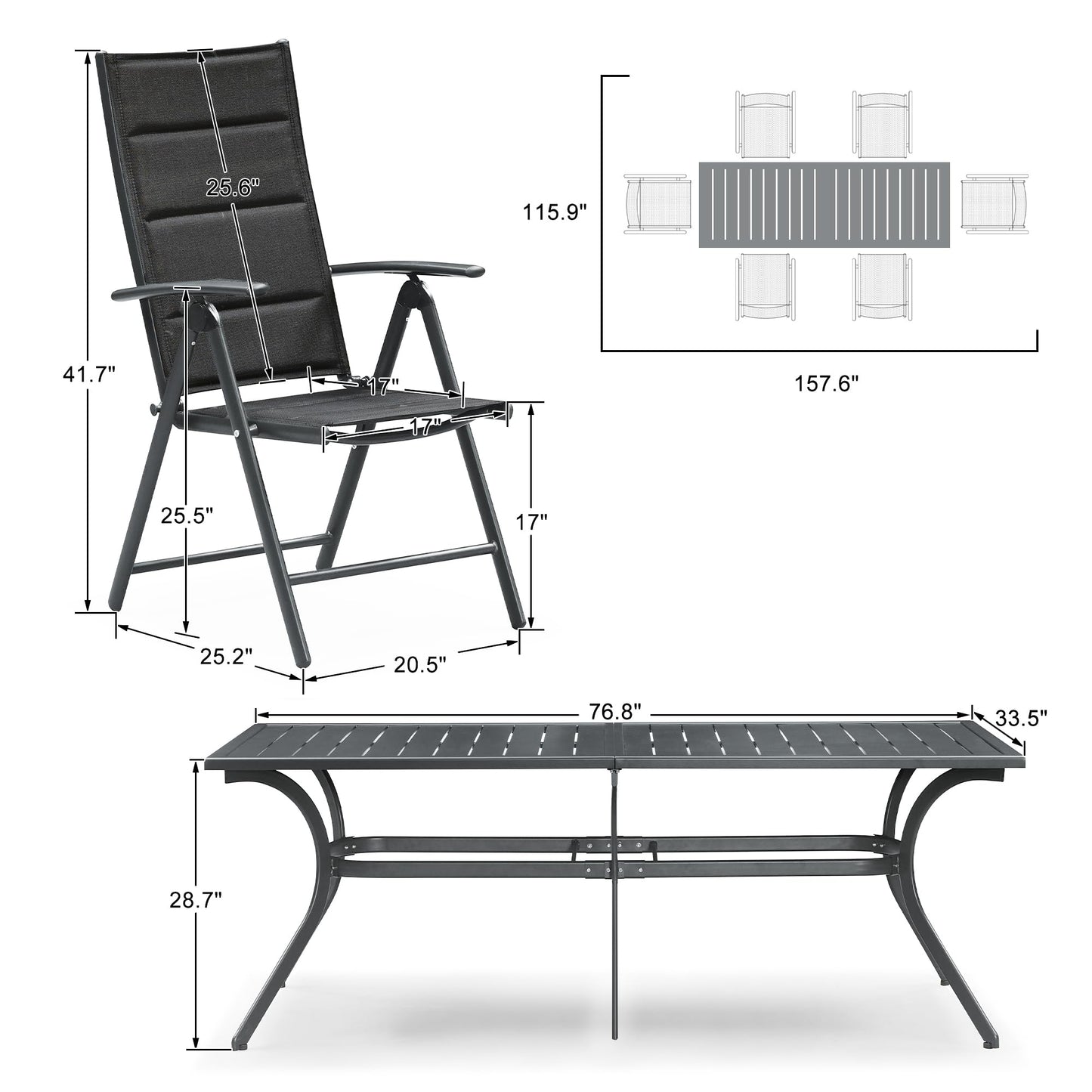 PURPLE LEAF 9 Pieces Outdoor Patio Dining Set with 8 Folding Portable Chairs and 1 Rectangle Aluminum Table, Foldable Adjustable High Back Reclining Chairs with Soft Cotton-Padded Seat, Grey