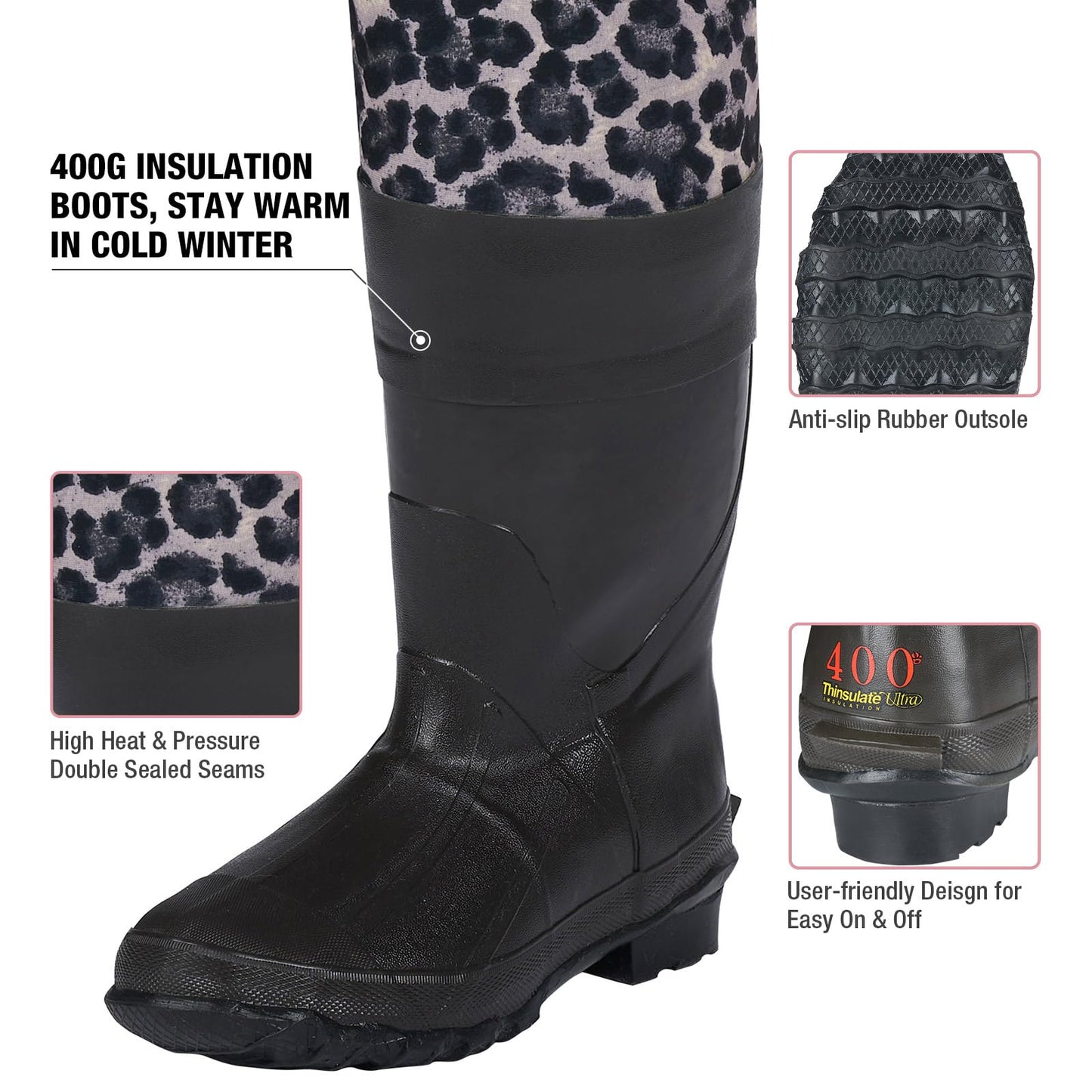 HISEA Neoprene Chest Waders Leopard Print Duck Hunting Waders for Women with Boots Cleated Waterproof Insulated Fishing Waders