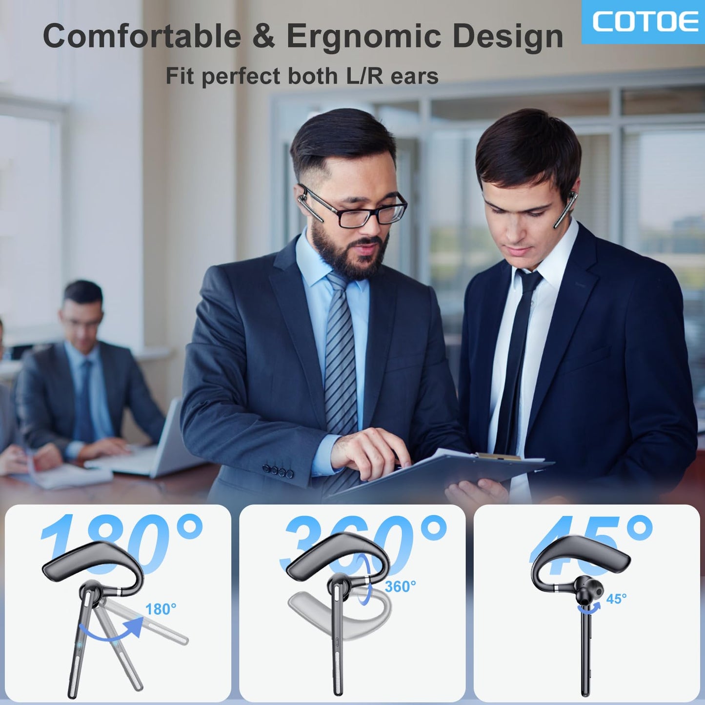 COTOE Bluetooth Headset V5.3, Wireless Earpiece with 500mAh Charging Case Hand-Free Headphones Noise Canceling Mic for Office/Driving/Business