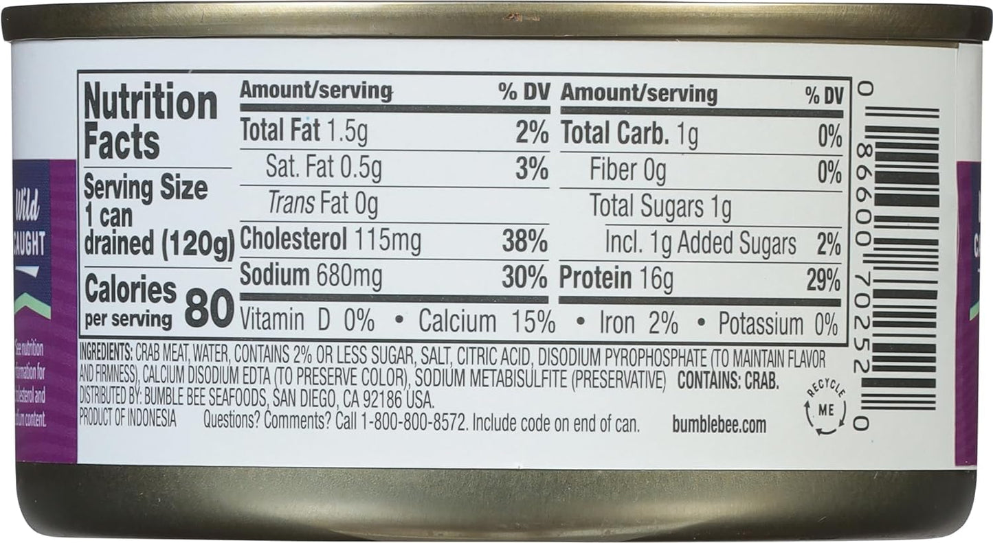Bumble Bee White Flake Crab Meat in Water, 6 oz Can - 16g Protein & 1g Carb Per Serving - Wild Caught, Flaky, Drain Before Use, 6 Ounce (Pack of 1)
