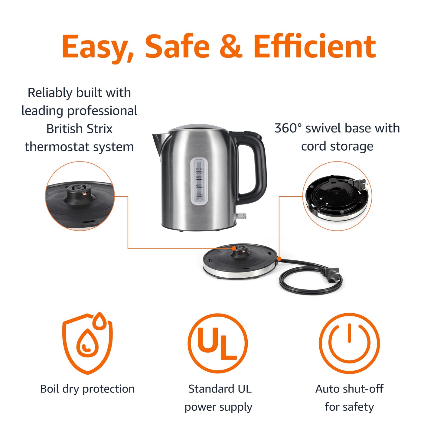 Amazon Basics Electric Kettle, Tea Kettle & Water Boiler with Auto Shut-Off, Boil Dry Protection, Strix Thermostat, BPA-Free, 1500W, 1.1Qt (1L), Stainless Steel, New Model, Black & Silver