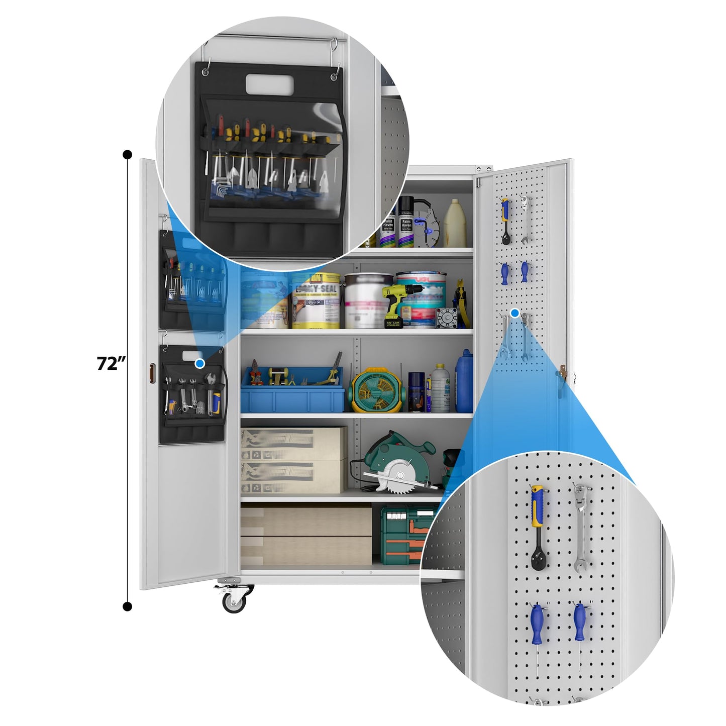 SUXXAN 2025 Upgraded Wide & Deep Garage Storage Cabinet with Wheels, Lockable Metal Storage Cabinet with Pegboards and 9 Hooks, 2 Tool Pouches for Garage,4 Adjustable Shelves