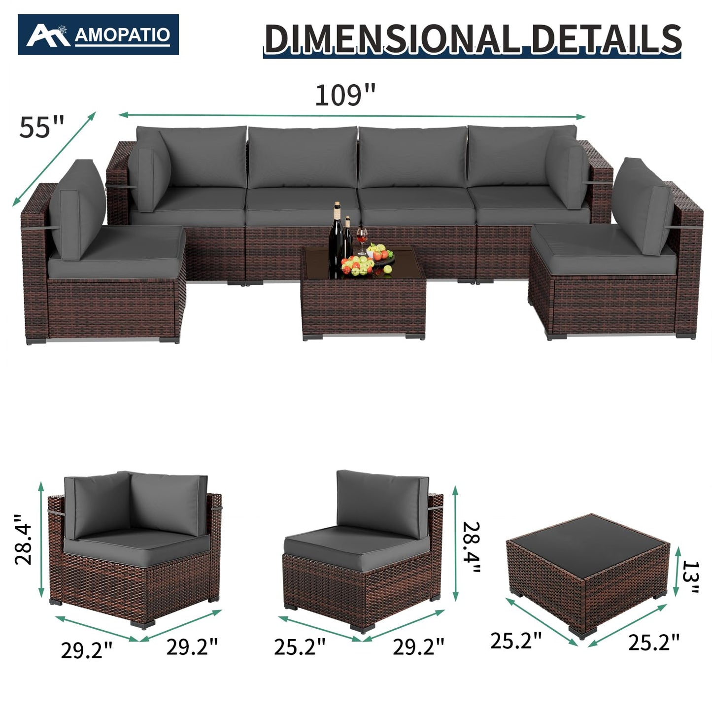 Amopatio Patio Furniture Sets, 7 Pieces Outdoor Rattan Sectional Sofa Set with Glass Table and Cushions, Wicker Patio Conversation Set for Outdoor Indoor Backyard Lawn Garden Porch (Grey)