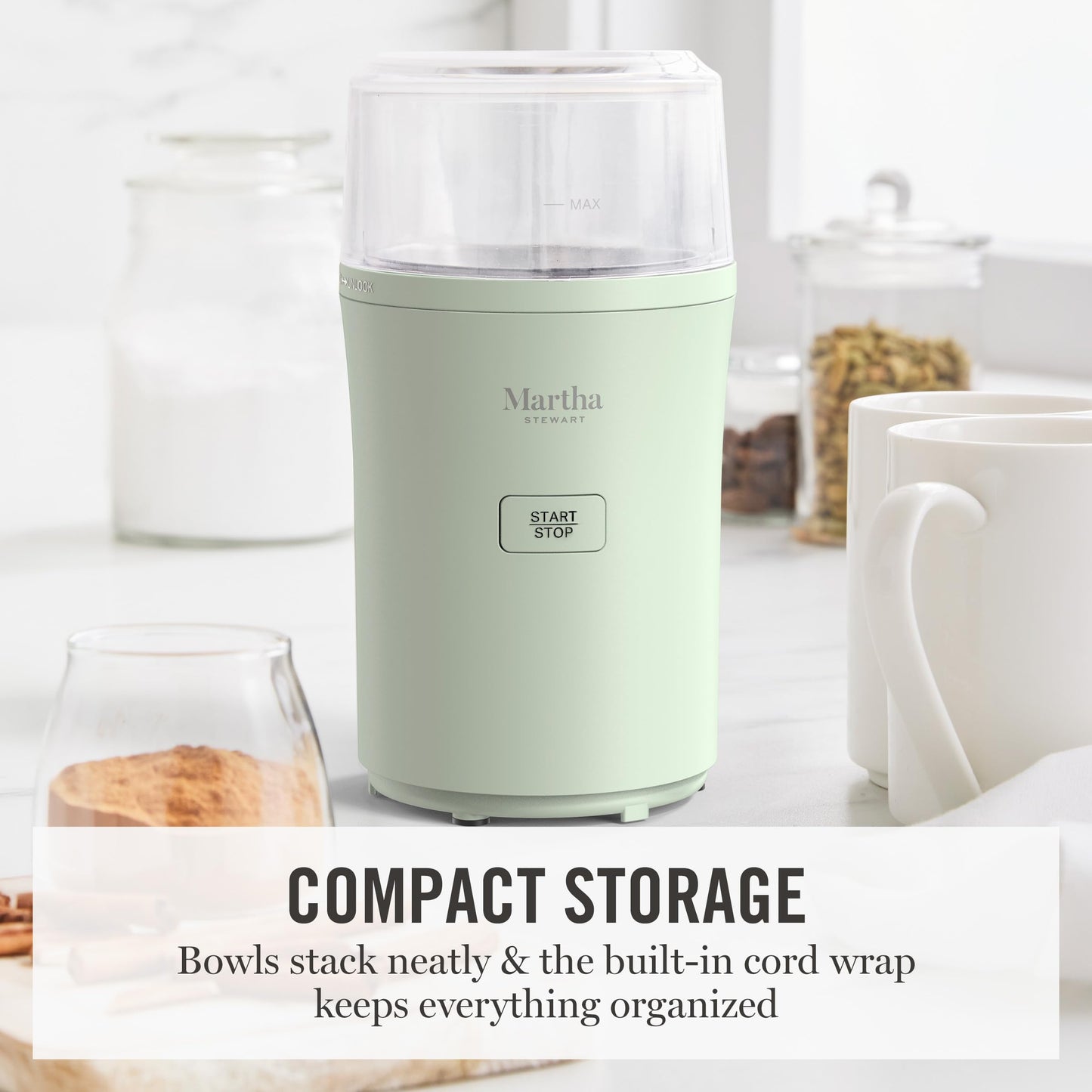 Martha Stewart Electric Coffee & Spice Grinder, Dual 2.5oz Removable Bowls, Storage Lids, Stainless Steel Blades, One Touch Pulse Control, 2-in-1 Compact, Beans & Spices, Herbs & Nuts, Sky Blue