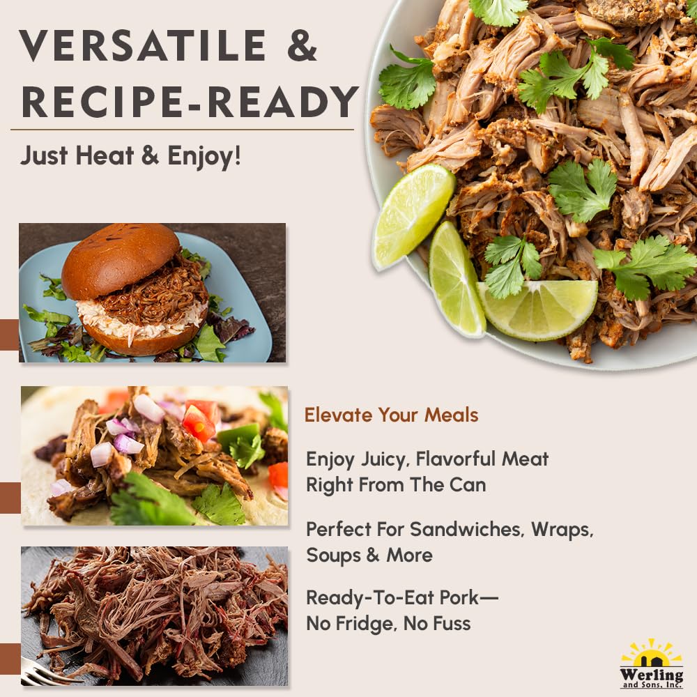 Werling & Sons Canned Pork 14.5 Oz Fully Cooked Ready to Eat Canned Meat Premium Quality Shelf Stable No Refrigeration Needed Perfect for Emergency Storage Camping Survival Canned Food Pack of 12