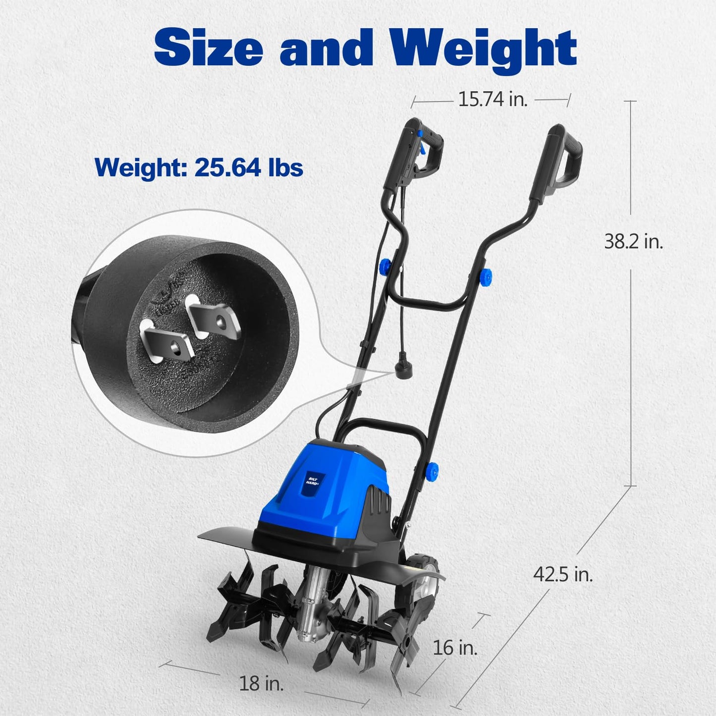 BILT HARD Tiller Cultivator 16 inch, 13.5 Amp 6 Steel Tines Tillers for Gardening Foldable, Electric Garden Rototiller with Adjustable Wheels