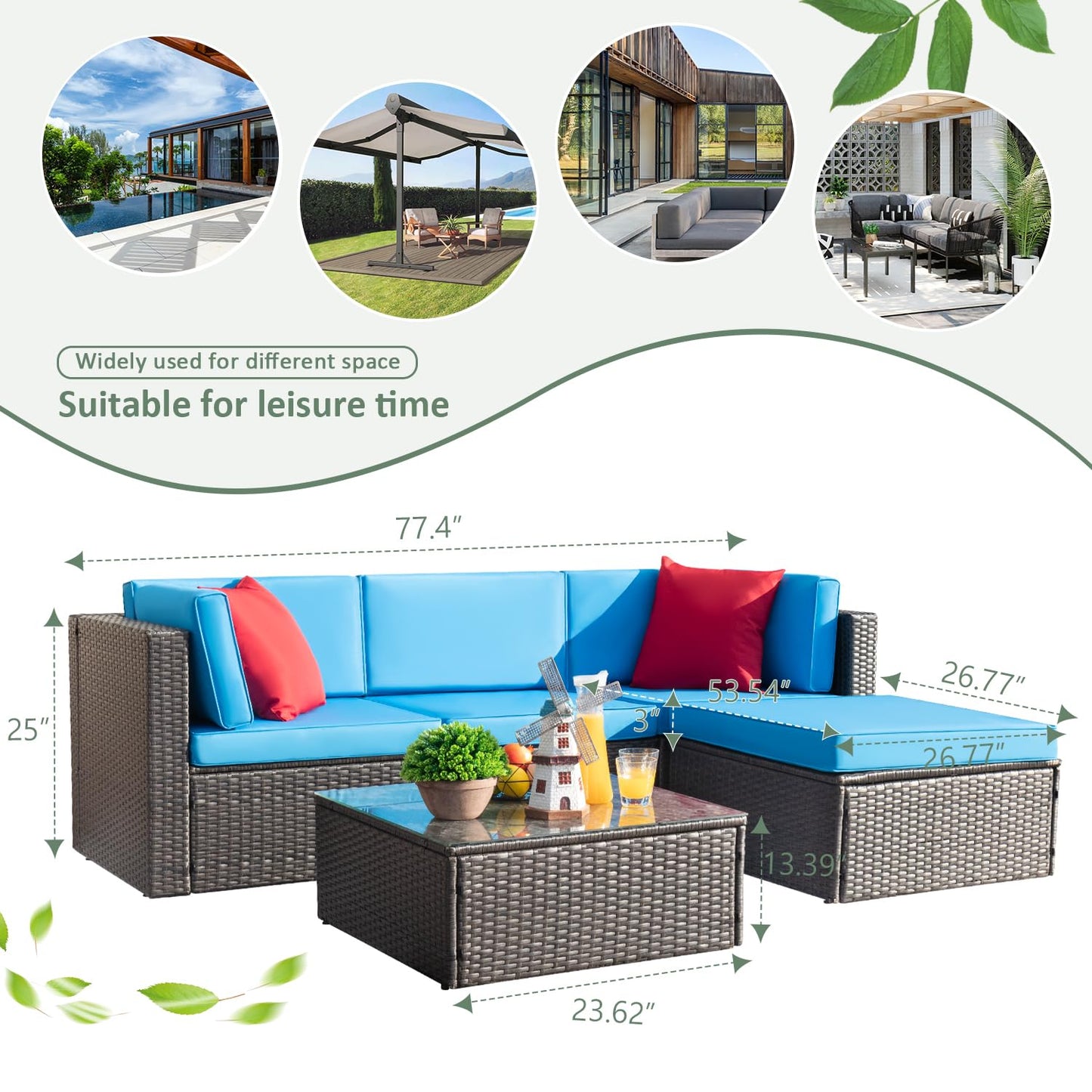 Devoko 5 Pieces Patio Furniture Sets All Weather Outdoor Sectional Patio Sofa Manual Weaving Wicker Rattan Patio Seating Sofas with Cushion and Glass Table(Beige)
