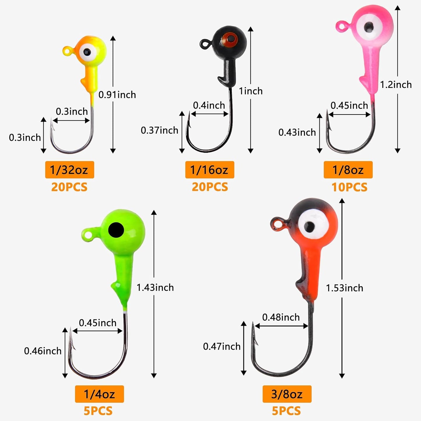 OROOTL Fishing Jig Heads Hooks Set, 60pcs Assorted Round Jig Head with 3D Eyes Painted Jig Heads for Crappie Bass Walleye 3/8oz 1/4oz 1/8oz 1/16oz 1/32oz Saltwater Freshwater Fishing Tackle Kit