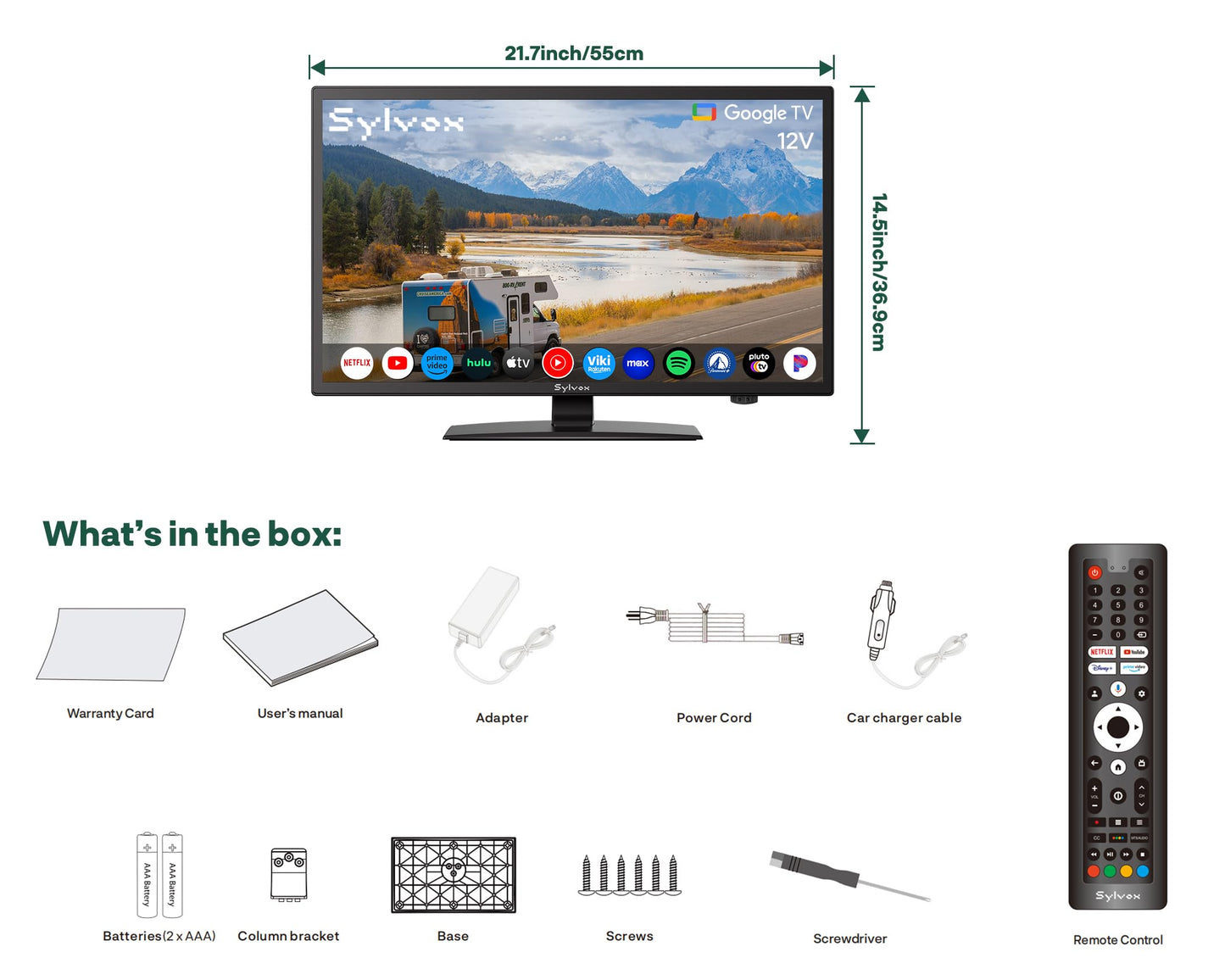 SYLVOX Smart RV TV, 24" 12 Volt TVs for RV Camper 1080P DC/AC Powered Television, Compatible with Google OS, Support Download APPs, Google Assistant, Bluetooth WiFi, 9-32V Wide Voltage Protection