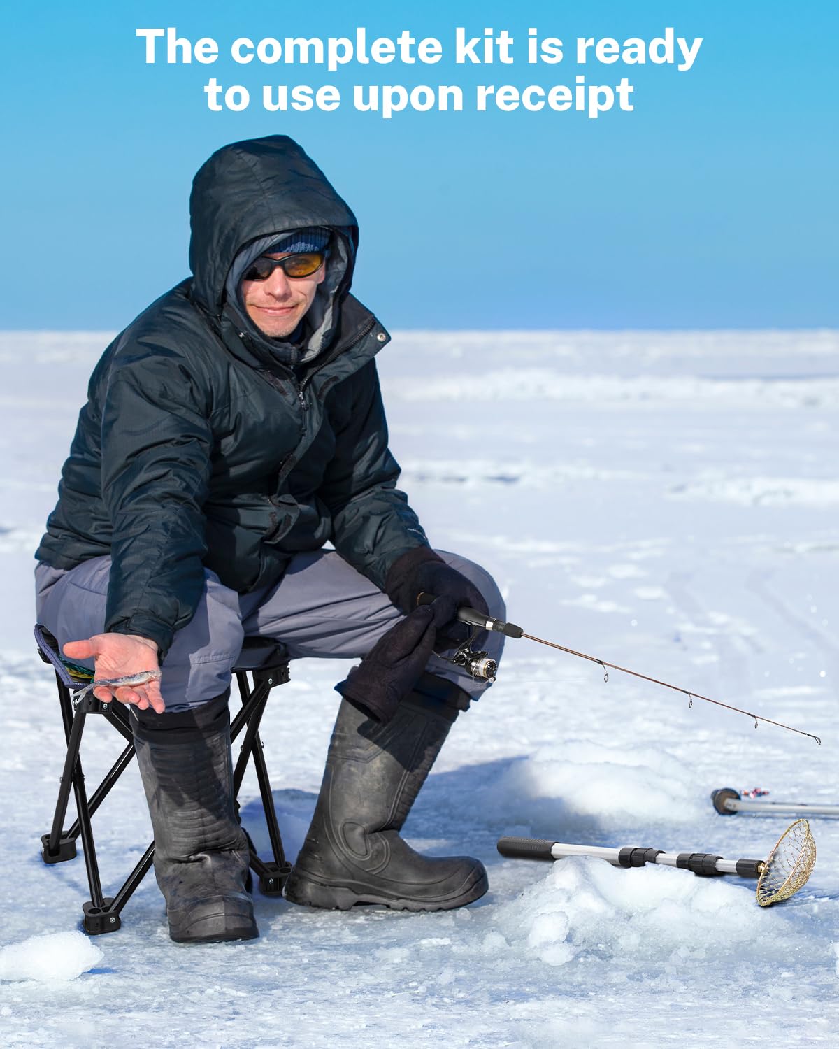 Gonex Ice Fishing Rod Reel Combo Medium Light Carbon Fiber Fiberglass Portable Complete Kit Include Skimmer Spare Rod Spinning Ice Fishing Reel Ice Jig Folding Stool for Winter Fishing