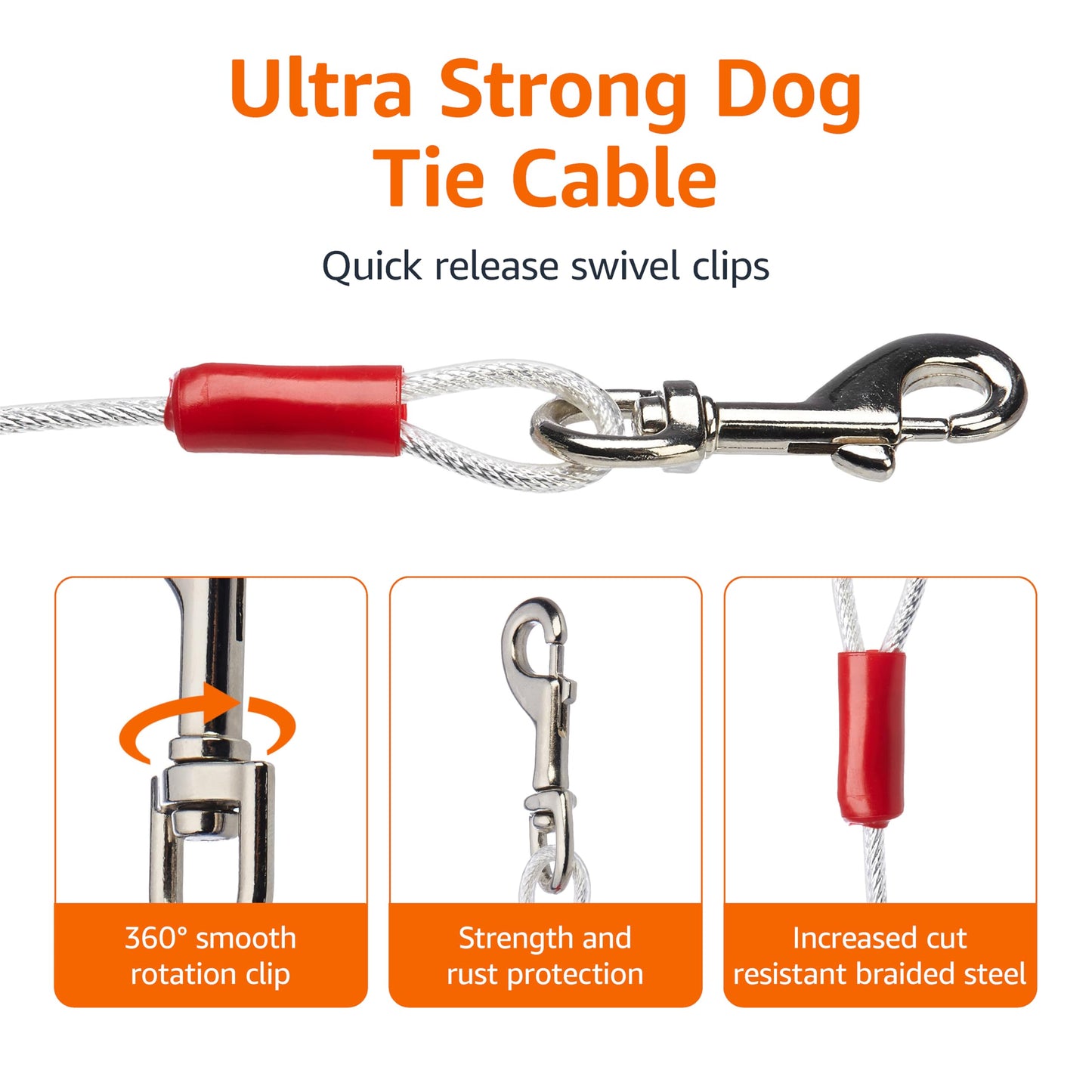 Amazon Basics Tie-Out Cable for Dogs up to 90 lbs, Weather Resistant, Rust-Free, 25 feet, Set of 2, White