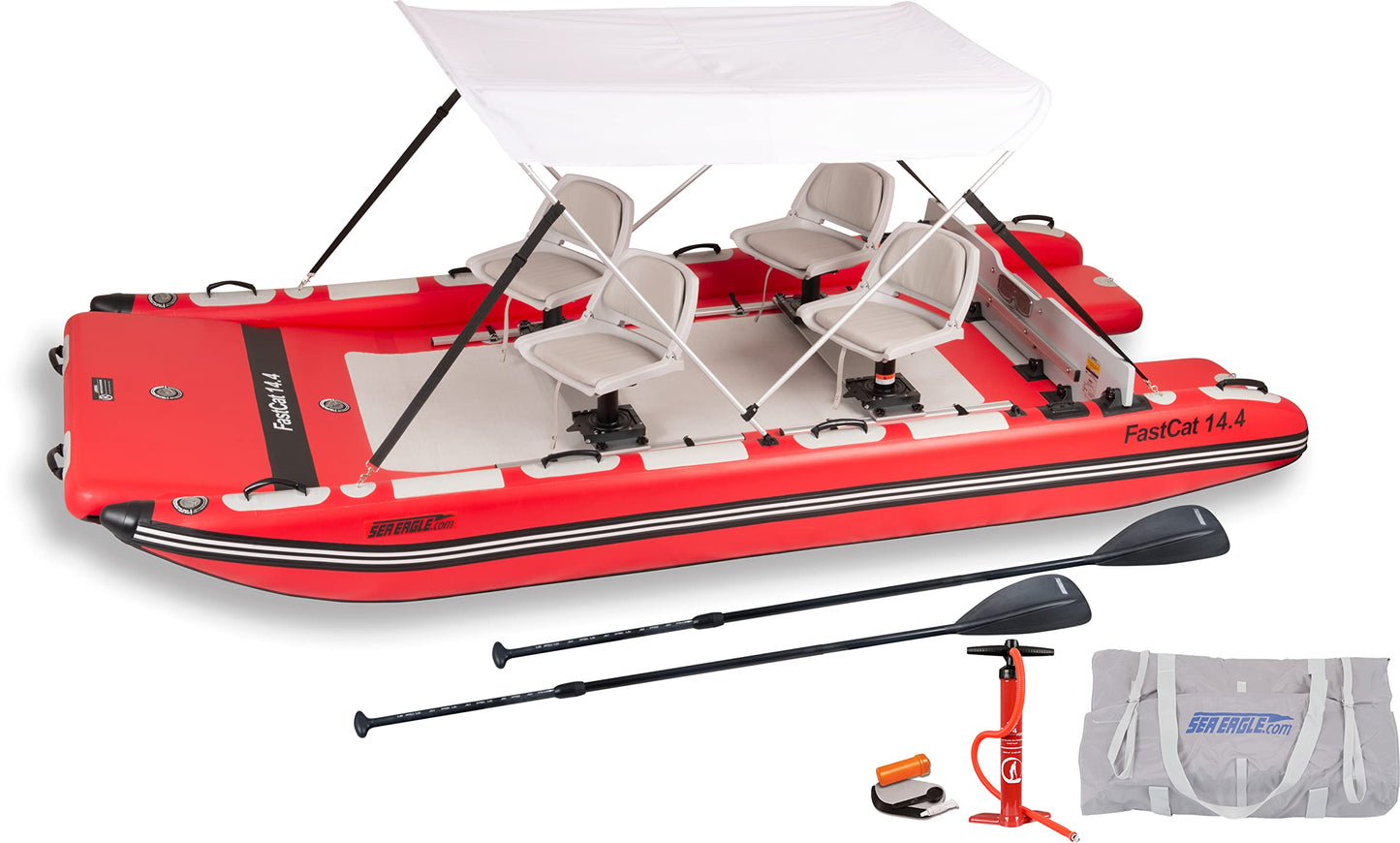 Sea Eagle FastCat Catamaran 2-4 Person Inflatable Boat-Rigid, High-Pressure, All-Drop Stitch, Easy Setup, Self-Bailing (FastCat14 Swivel Seat Canopy Package)