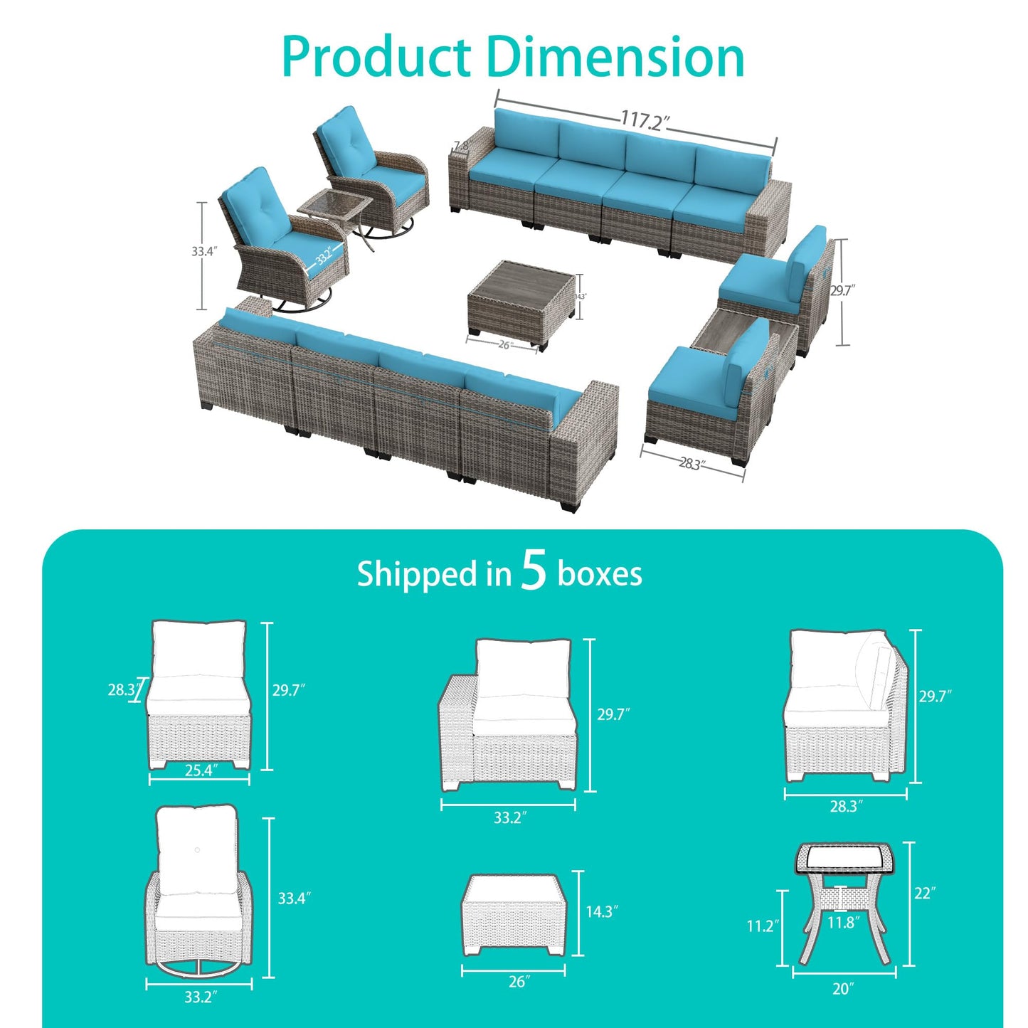 6-Piece Outdoor Patio Furniture Set Wicker Sectional Sofa Set, Patio Conversation Set with Thickened Cushions & Coffee Table for Garden, Backyard, Poolside, Beige