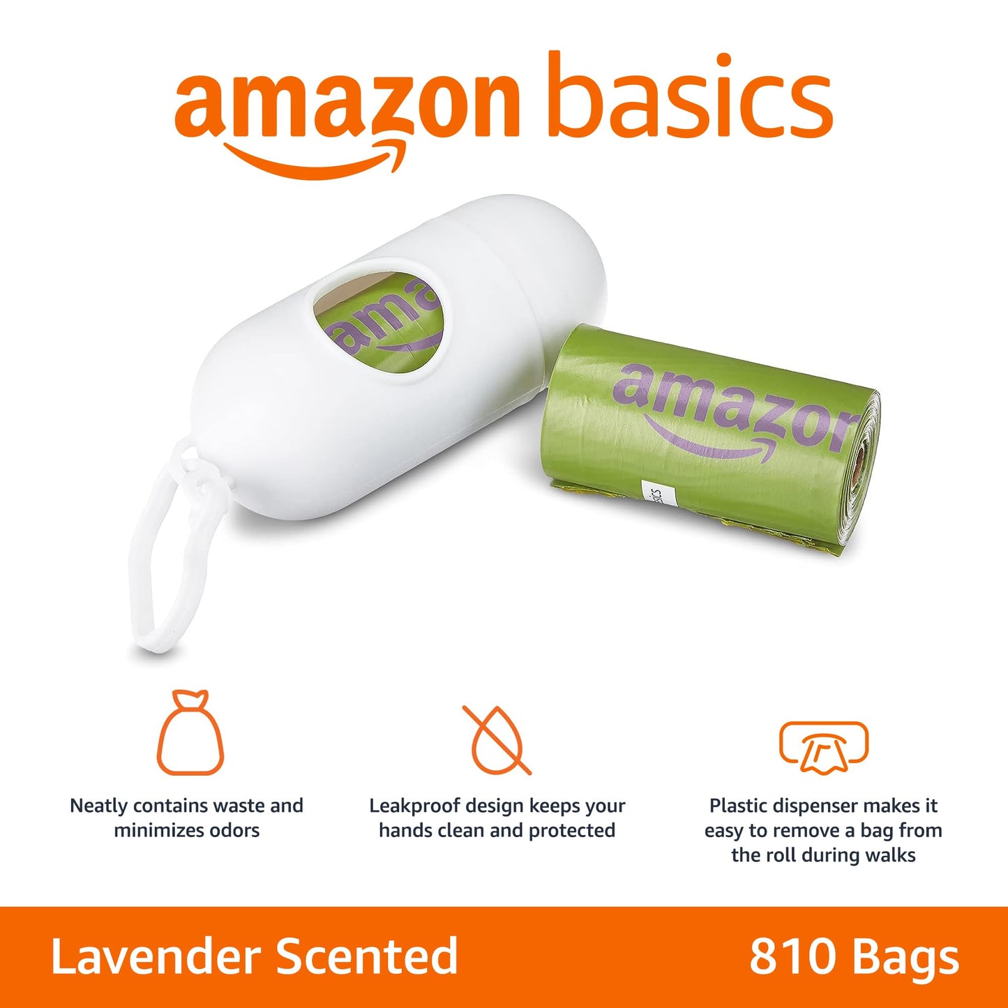 Amazon Basics Premium Leak Proof Dog Poop Bags with Dispenser and Leash Clip, Lavender Scented, 13" x 9", 810 Count (54 Rolls of 15)