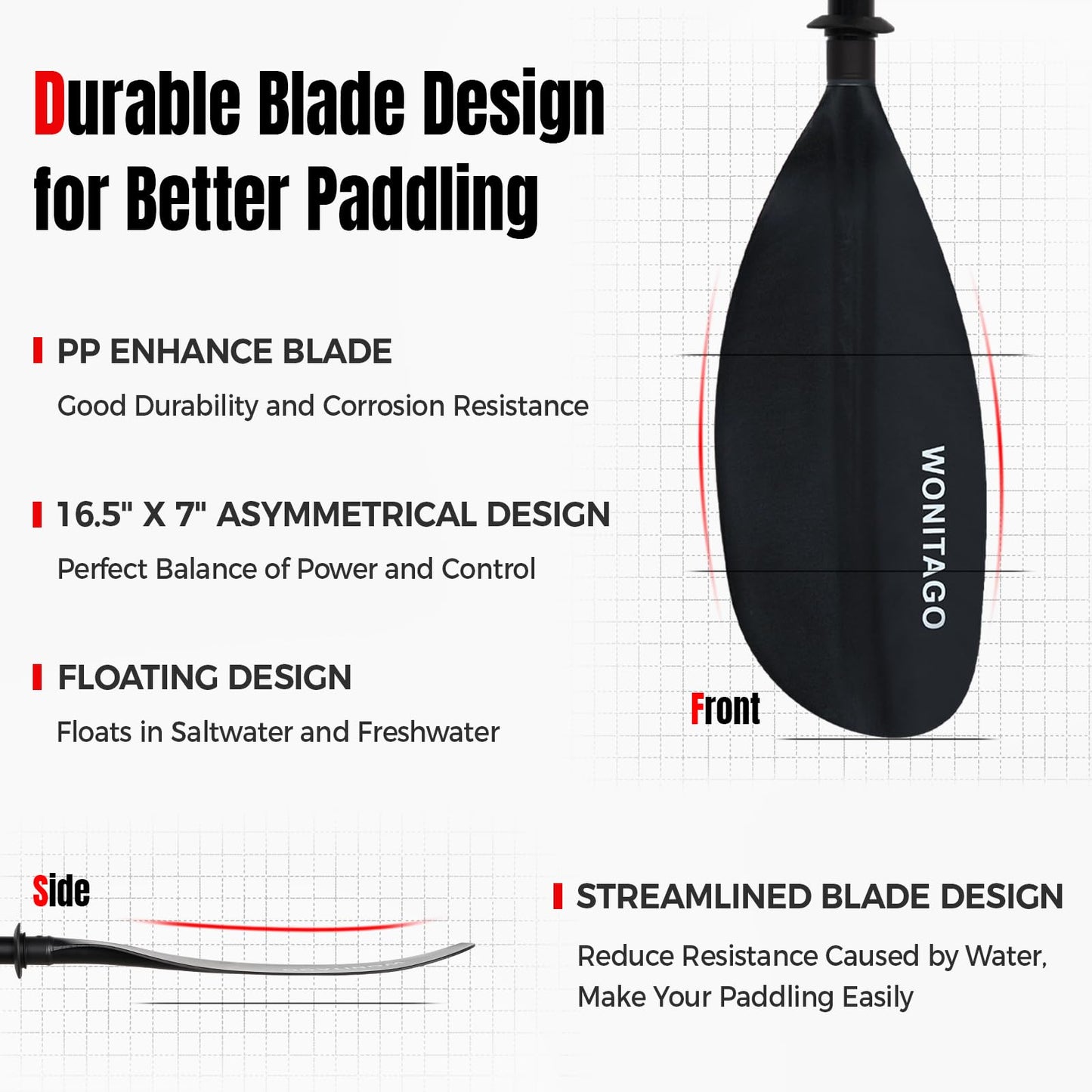 WONITAGO Kayak Paddles with Alloy Shaft and PP Blade, Floating Kayaking Oars, Adjustable 230-250 cm/90-98 Inches, Black