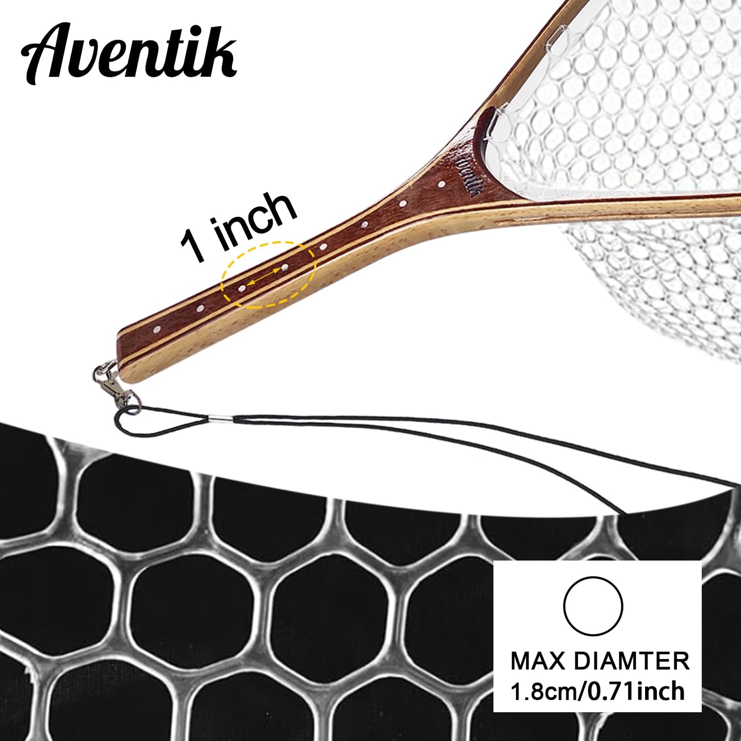 Aventik Fly Fishing Landing Net Trout Fishing Wooden with Measuring Mark Soft Rubber Net Bag Catch & Release