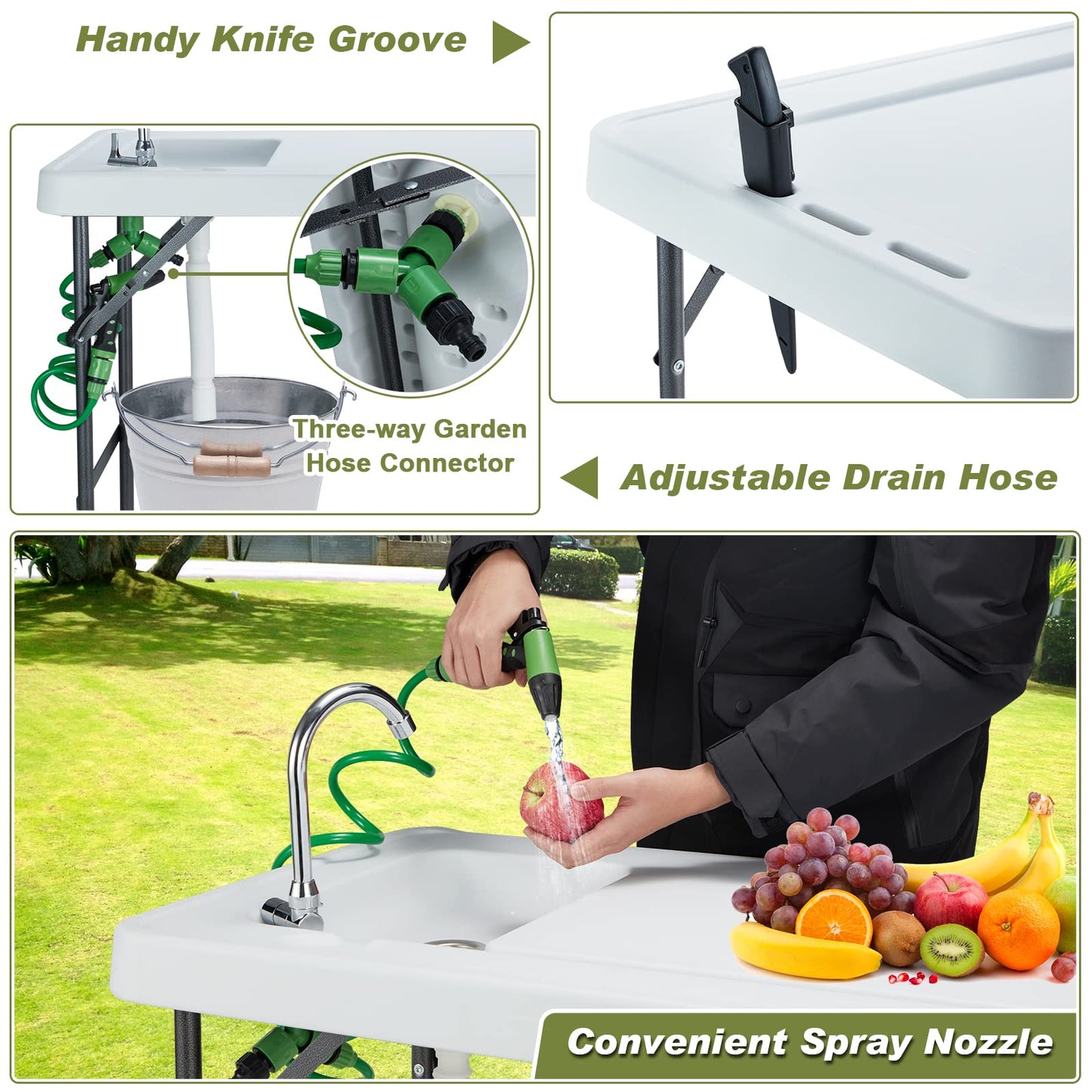 Folding Fish Cleaning Table Portable Camping Sink with Faucet Drainage Hose & Sprayer Outdoor Fillet Station Grid Rack Knife Groove for Picnic Fishing, Black