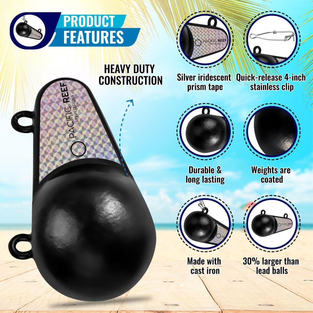 PacificReef® Downrigger Weight Oval w/Fin Coated Ball [4lbs, 6lbs, 8lbs, 10lbs, 12lbs] - Sinker for Downriggers Weight Pancake Oval Canon Ball with Protective Vinyl Coating for Salmon Trout