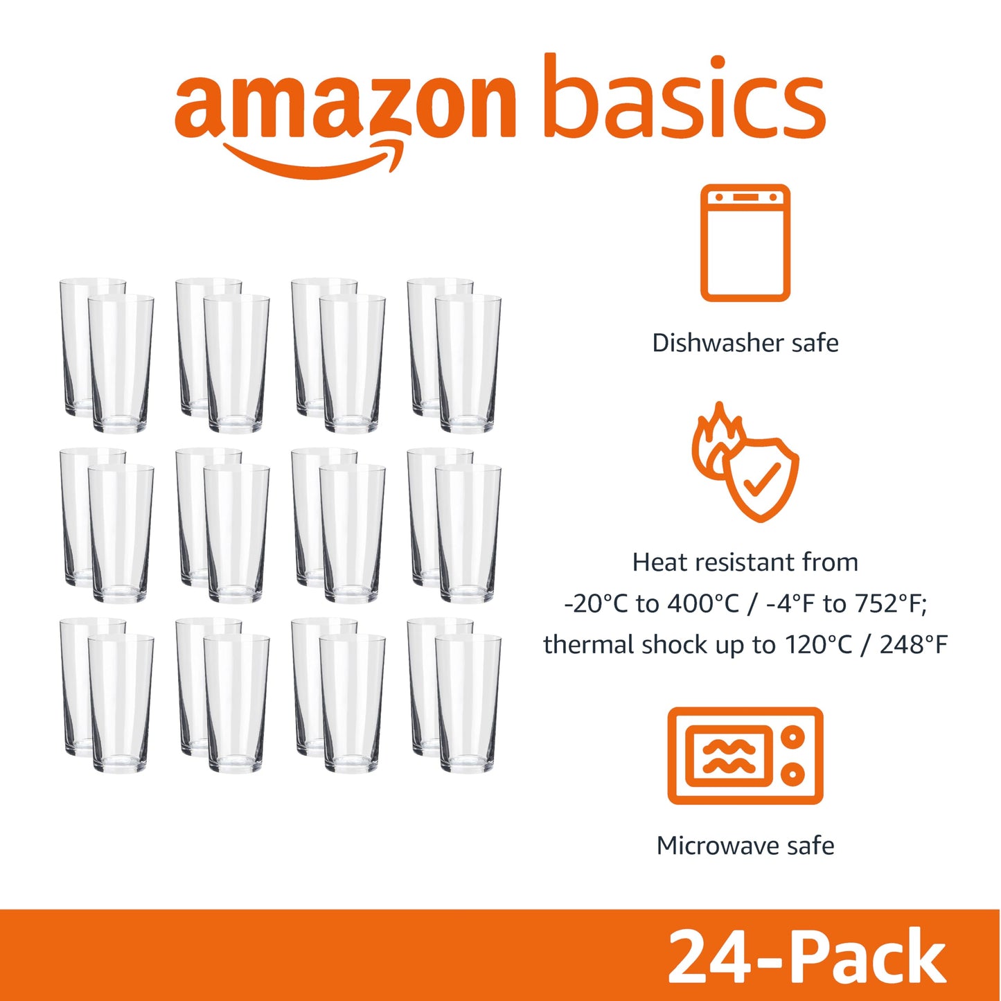 Amazon Basics Admiral Cooler Borosilicate Glass Cup, 14.7 oz, Microwave-Safe, Commercial-grade, 24-Pack, Transparent