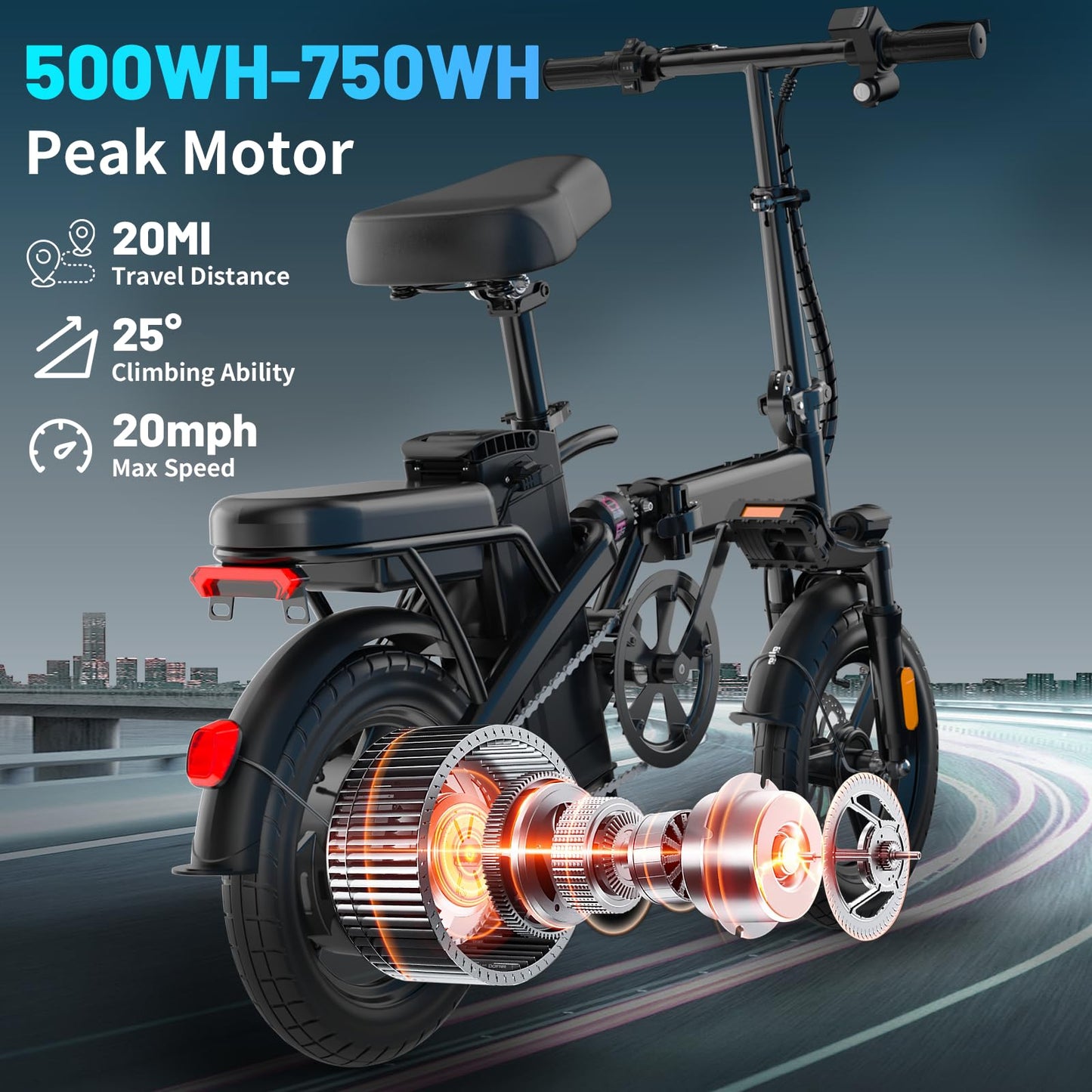Folding Electric Bike for Adults and Teens, 14" Foldable E-Bike with 500W Motor, Commuter Mini Ebike with 48V Removable Battery UL 2849 Certified, Electric Bicycle with 25 Miles PAS Range (Black)