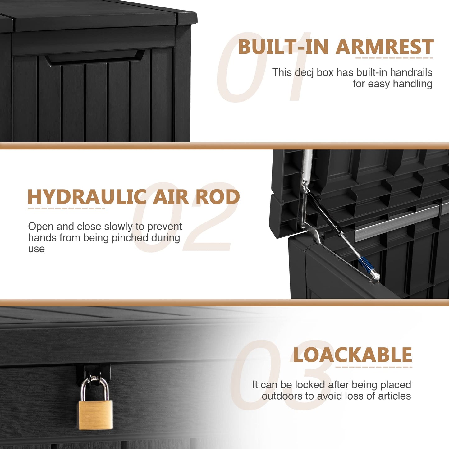 Devoko 100 Gallon Waterproof Large Resin Deck Box Indoor Outdoor Lockable Storage Container for Patio Furniture Cushions Garden Tools (100 Gallon, Black)