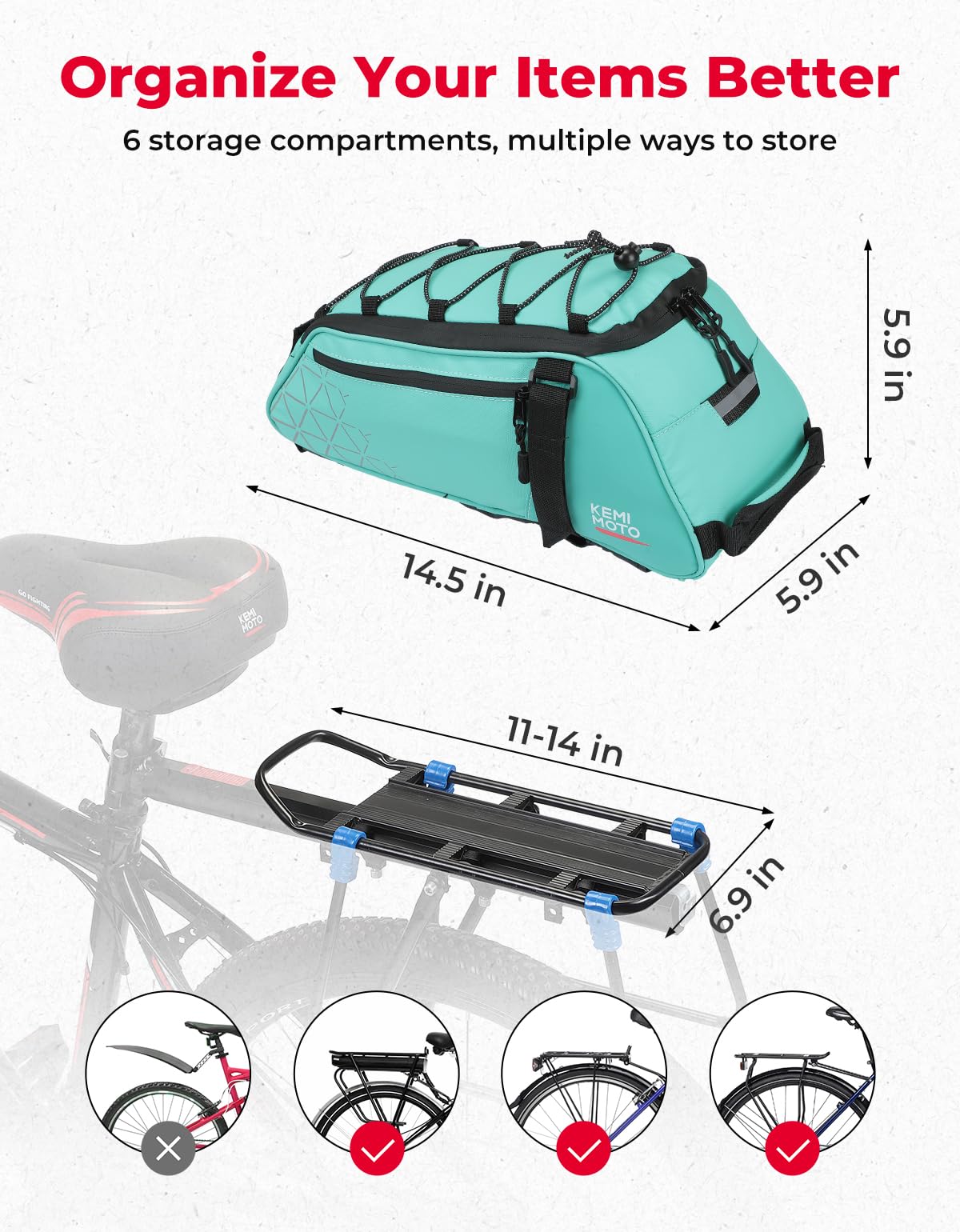 KEMIMOTO Rear Bike Rack Bag - 8L PVC Water Resistant Ebike Bags for Bicycle Rear Rack, Bicycle Trunk Pannier for Commuter Travel Shopping and Cycling (Black)