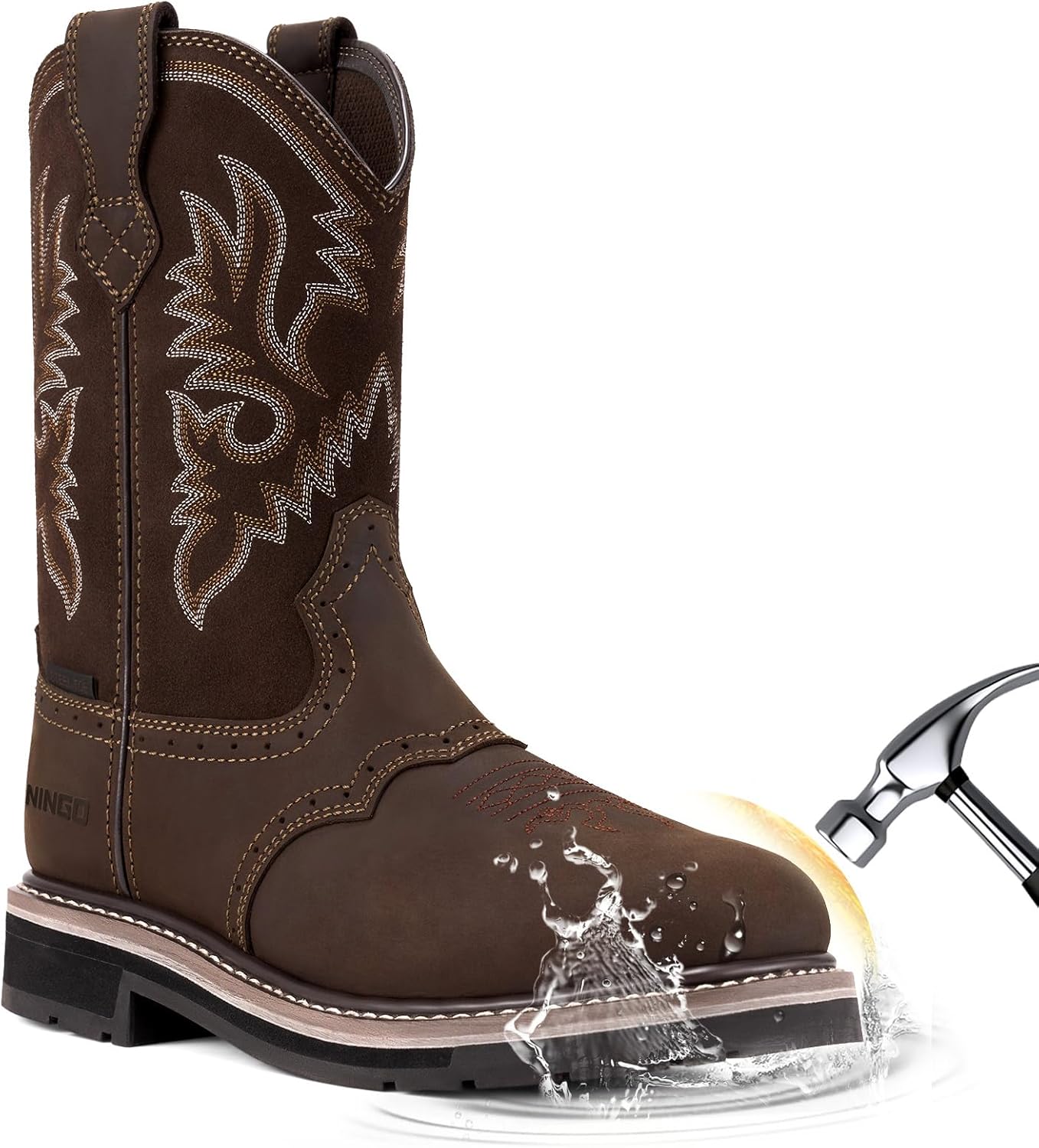 HISEA NINGO Men's Western Cowboy Boots Waterproof Square Toe Steel/Soft Toe Work Boots Comfortable Men's Slip On Pull On Safety Toe Leather Work Shoes for Construction Farming Industrial Welding