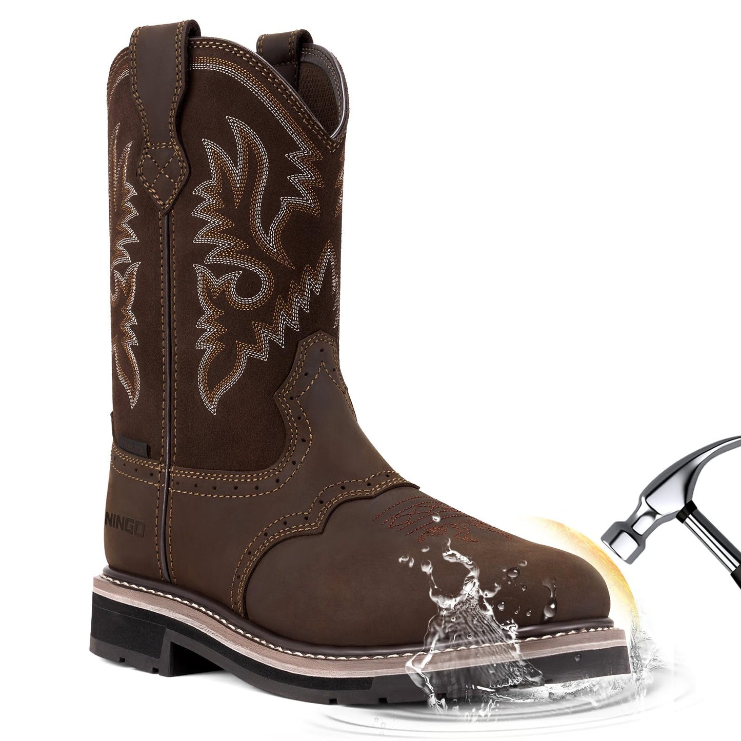HISEA NINGO Men's Western Cowboy Boots Waterproof Square Toe Steel/Soft Toe Work Boots Comfortable Men's Slip On Pull On Safety Toe Leather Work Shoes for Construction Farming Industrial Welding
