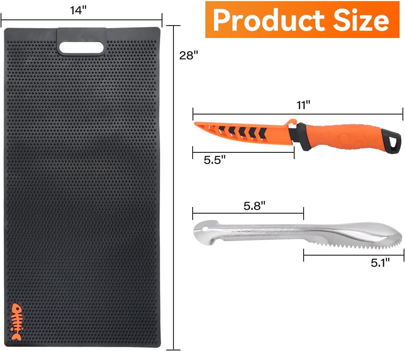 28 Inch Non Slip Fish Fillet Mat Kit Heavy Duty Rollable Fish Bait Cutting Board Large Size Fish Cleaning Mat with 5 inch Fillet Knife and Fish Scaler Portable Fish Filleting Mat