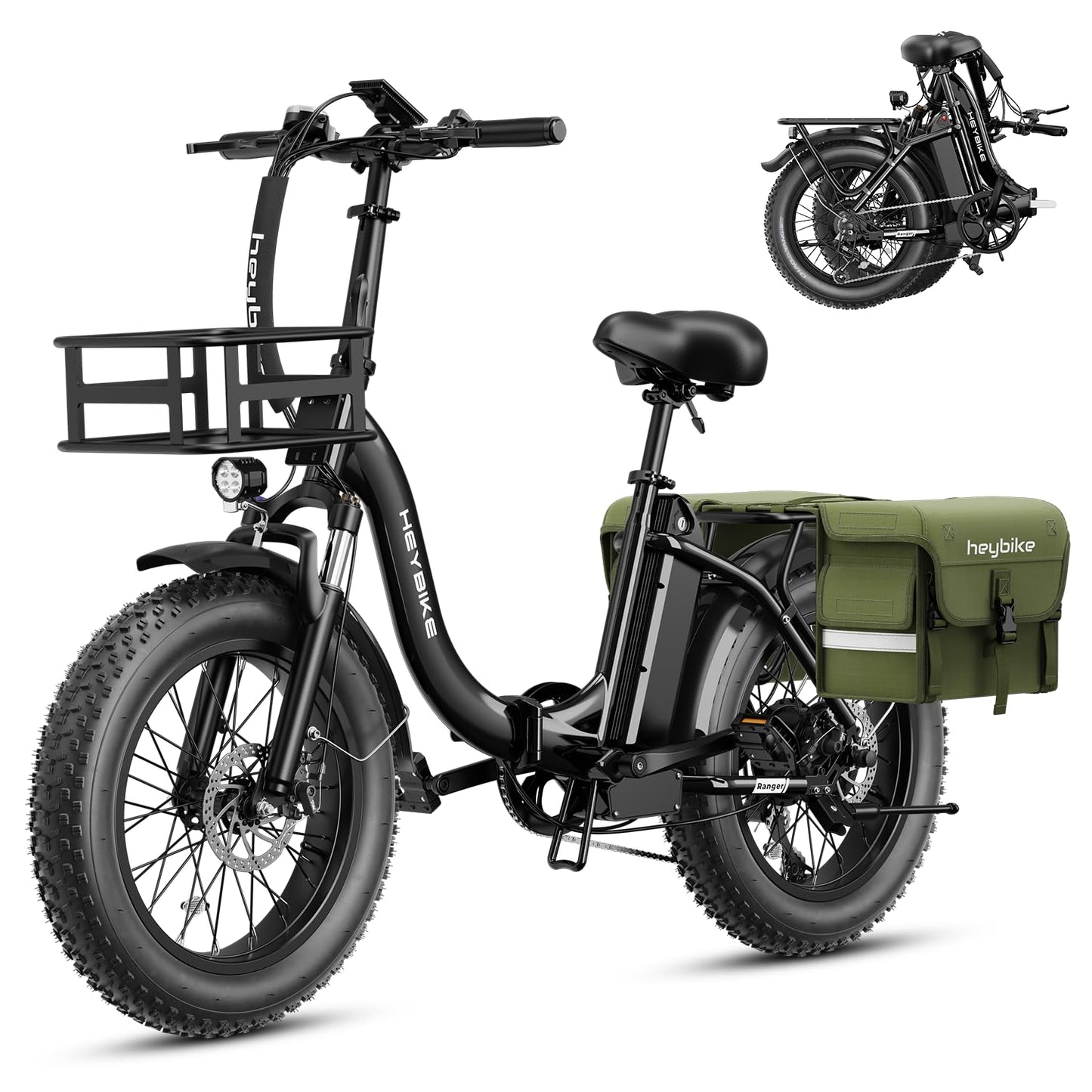 Heybike Ranger Electric Bike for Adults, Peak 1400W Upgraded Motor Ebike, 28MPH [20" Fat Tire All-Terrain] 600Wh Removable Battery Folding Step-Thru E Bike with Front Suspension