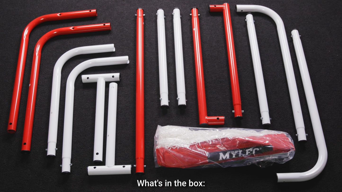 Mylec Steel Junior Hockey Goal for Indoor + Outdoor (52” x 43”), Easy Assembly, Lightweight, Portable, and Net Weave System (Red, 17 Pounds)