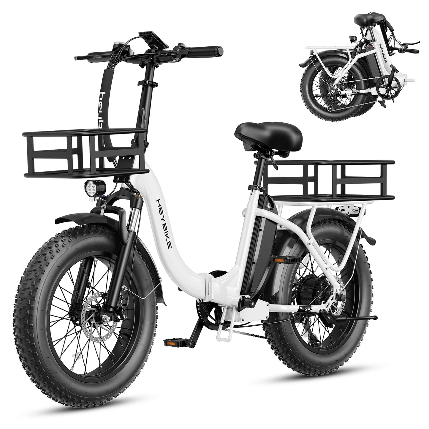 Heybike Ranger Electric Bike for Adults, Peak 1400W Upgraded Motor Ebike, 28MPH [20" Fat Tire All-Terrain] 600Wh Removable Battery Folding Step-Thru E Bike with Front Suspension