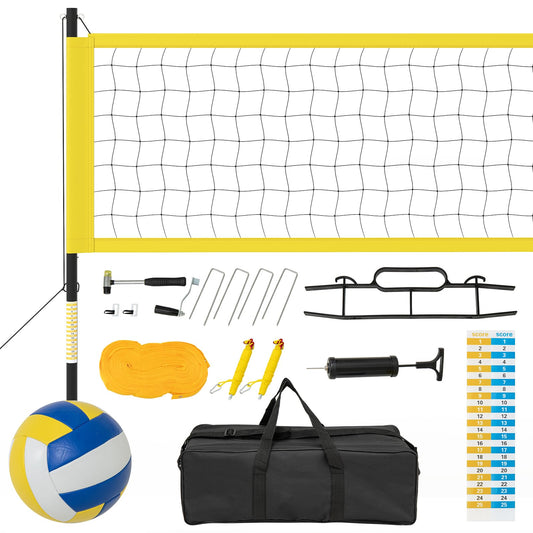 GYMAX Volleyball Net, Portable Volleyball Set with Adjustable Poles & Anti-Sag Design, Includes Beach Stakes, Scoreboard, Boundary Line and Carry Bag for Outdoor Backyard Beach Grass (Yellow)