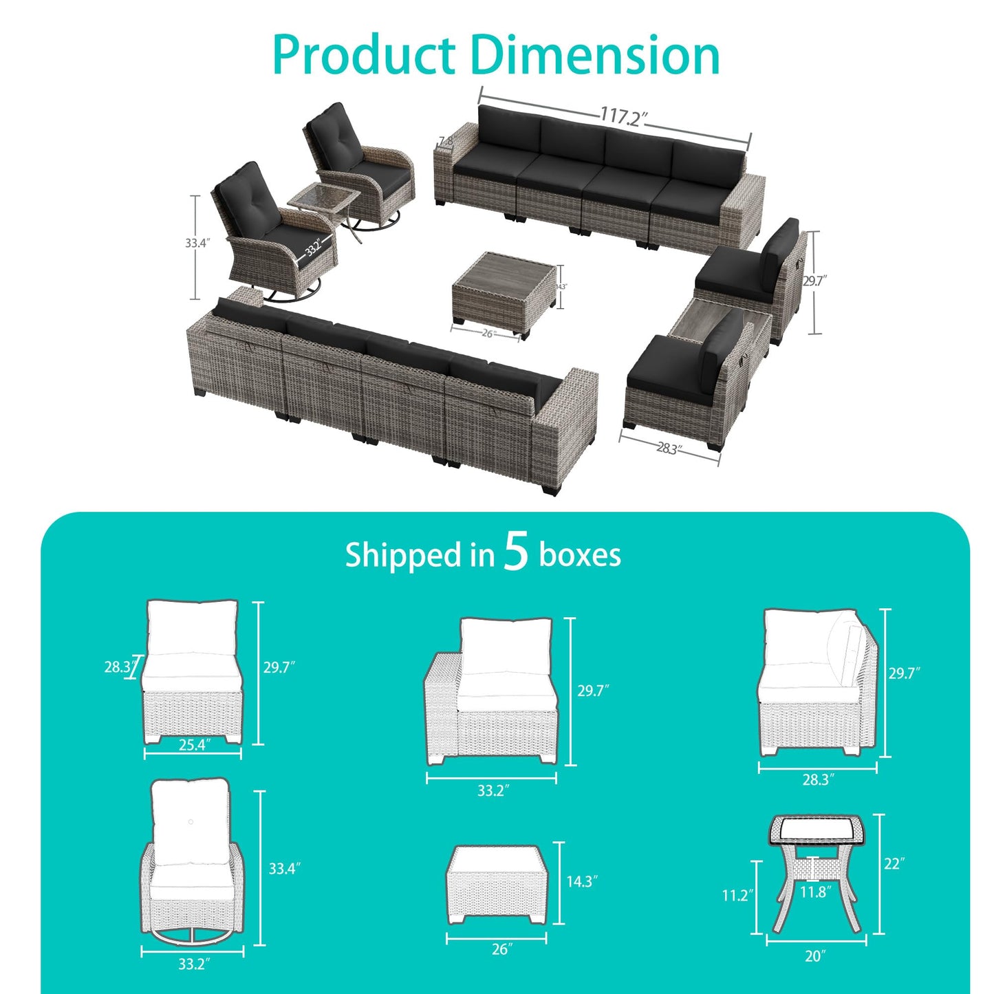 6-Piece Outdoor Patio Furniture Set Wicker Sectional Sofa Set, Patio Conversation Set with Thickened Cushions & Coffee Table for Garden, Backyard, Poolside, Beige
