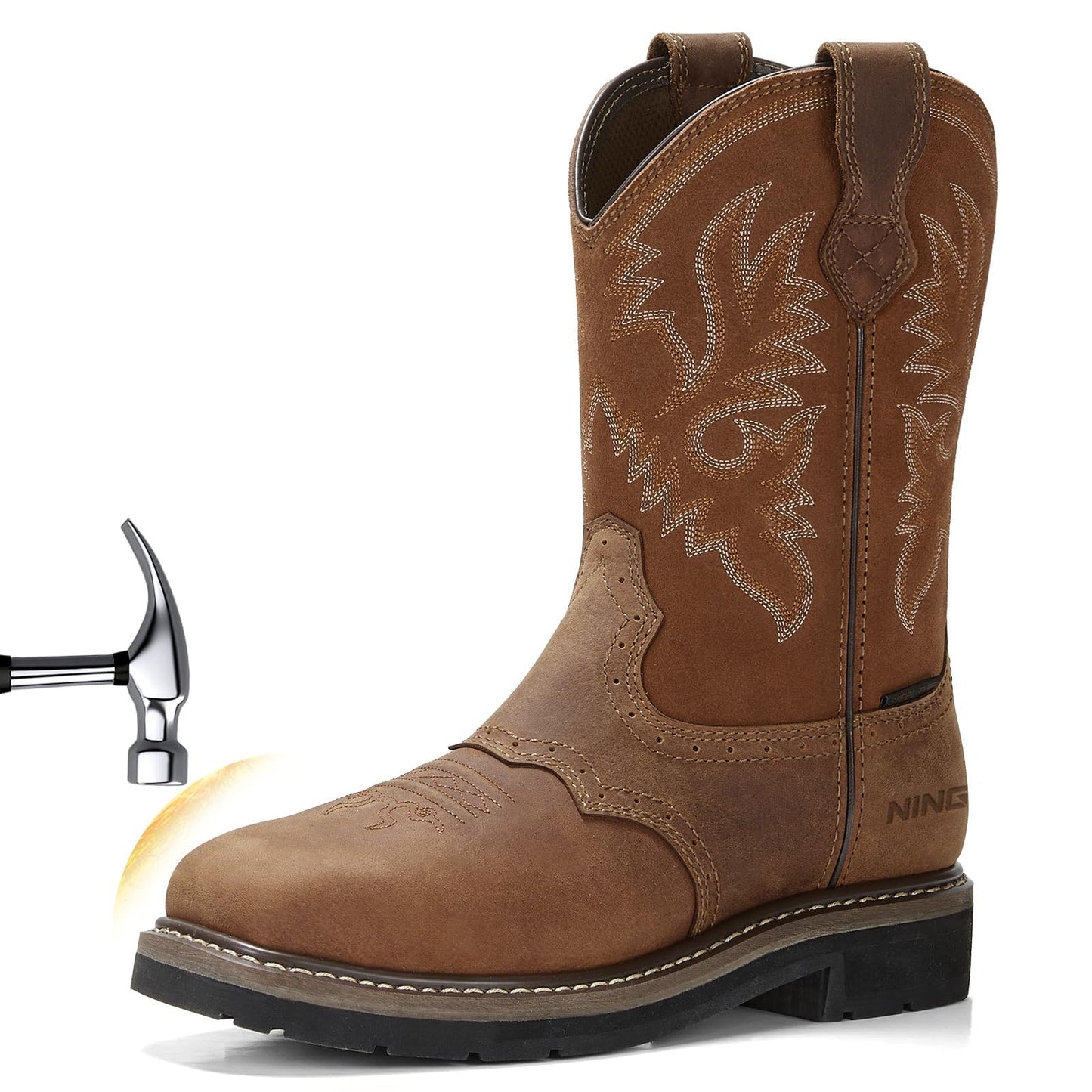 HISEA NINGO Men's Western Cowboy Boots Waterproof Square Toe Steel/Soft Toe Work Boots Comfortable Men's Slip On Pull On Safety Toe Leather Work Shoes for Construction Farming Industrial Welding