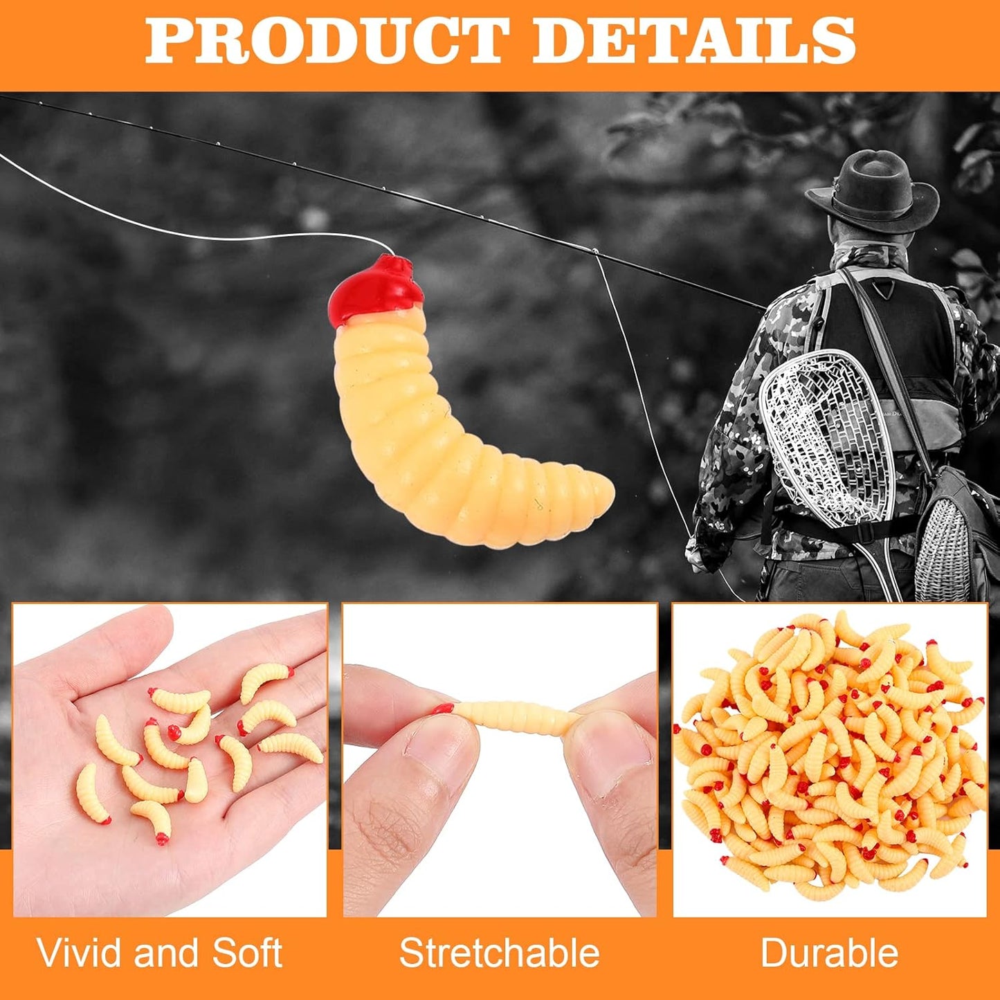 Fabbay 200 Pcs 20mm Soft Maggot Baits Fake Bread Worms for Fishing Lures for Artificial Wax Worms Gross Plastic Worms for Freshwater Saltwater Lake Trout Ice Fishing Lure