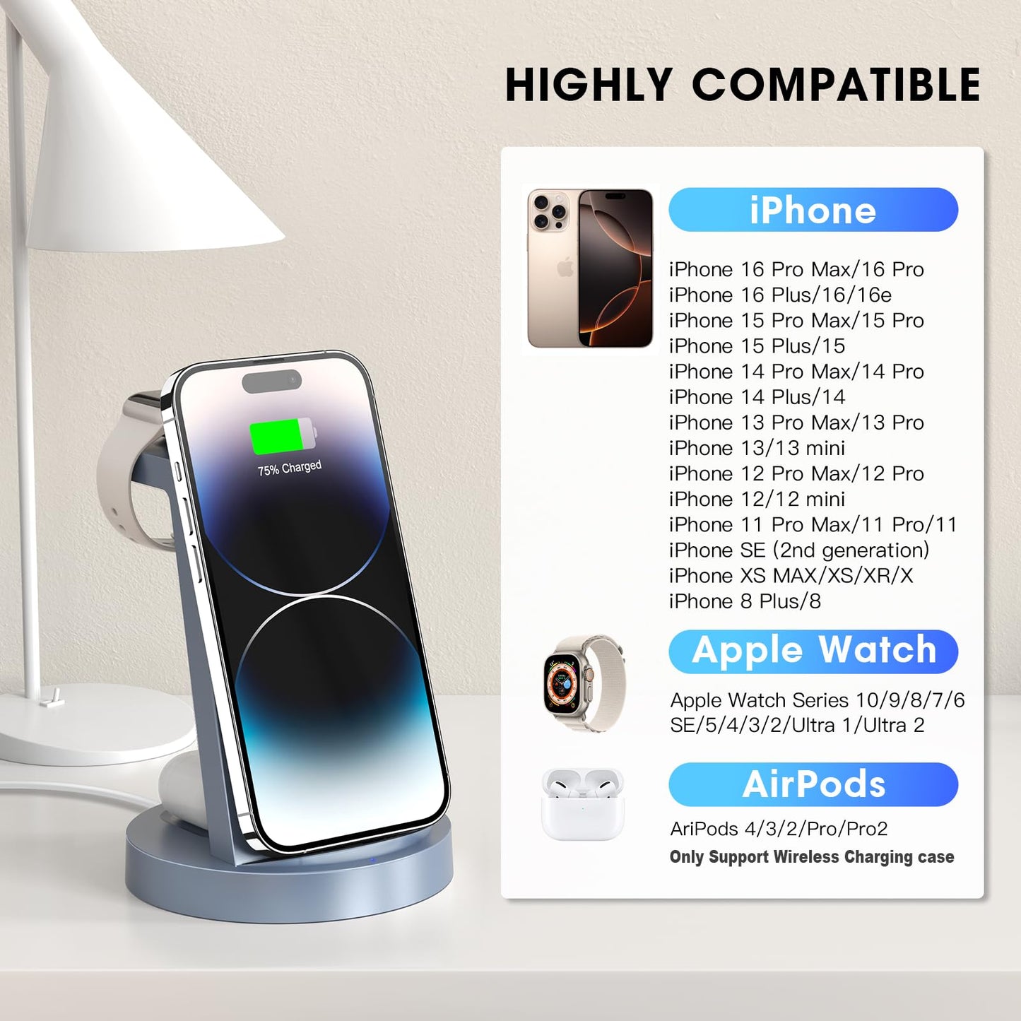 3 in 1 Charging Station for iPhone, Wireless Charger for iPhone 16e 16 15 14 13 12 11 X Pro Max & Apple Watch - Wireless Charging Station for AirPods 4 3 Pro