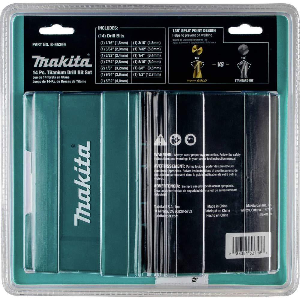 Makita B-65399 Impact Gold 14 Pc. Titanium Drill Bit Set, 1/4 In. Hex Shank